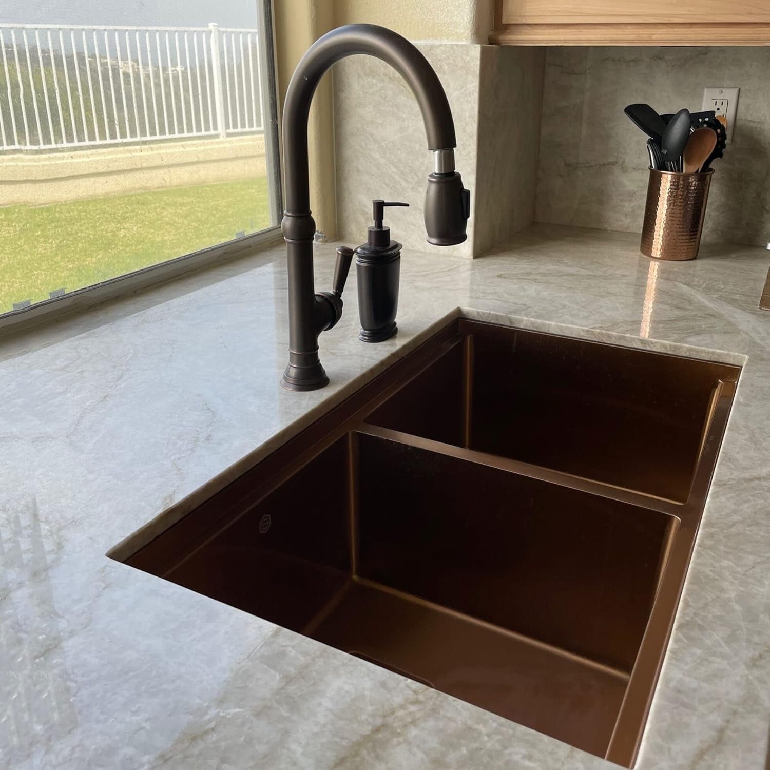 32 Inch Undermount Kitchen Sink - 16 Guage 50/50 Double Bowl Kitchen Sink - Stain & Rust Resistant Copper Kitchen Sink with Bottom Grid, 1 Disposal Adapter & 2 Strainer Drains