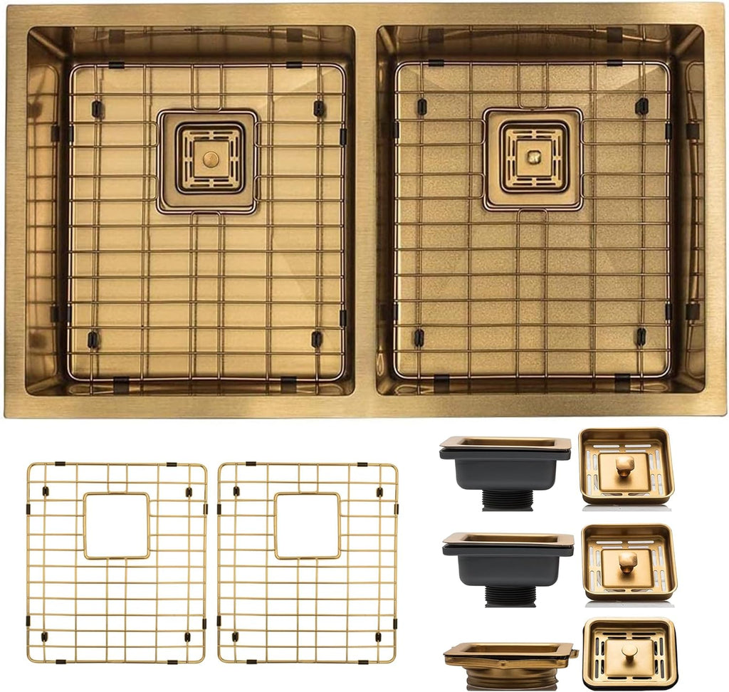 32 Inch Undermount Kitchen Sink - 16 Guage 50/50 Double Bowl Kitchen Sink - Stain & Rust Resistant Copper Kitchen Sink with Bottom Grid, 1 Disposal Adapter & 2 Strainer Drains