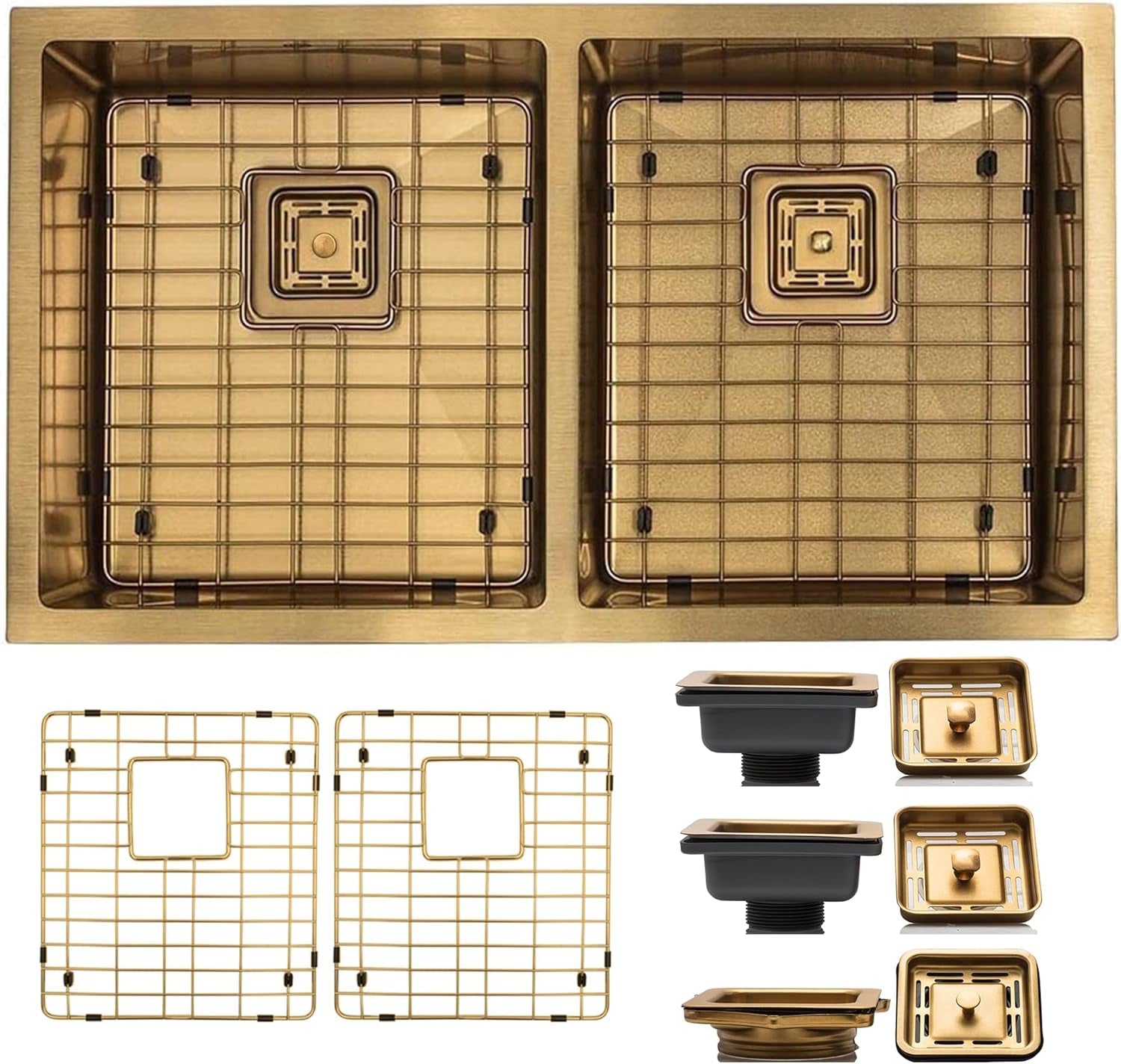 32 Inch Undermount Kitchen Sink - 16 Guage 50/50 Double Bowl Kitchen Sink - Stain & Rust Resistant Copper Kitchen Sink with Bottom Grid, 1 Disposal Adapter & 2 Strainer Drains