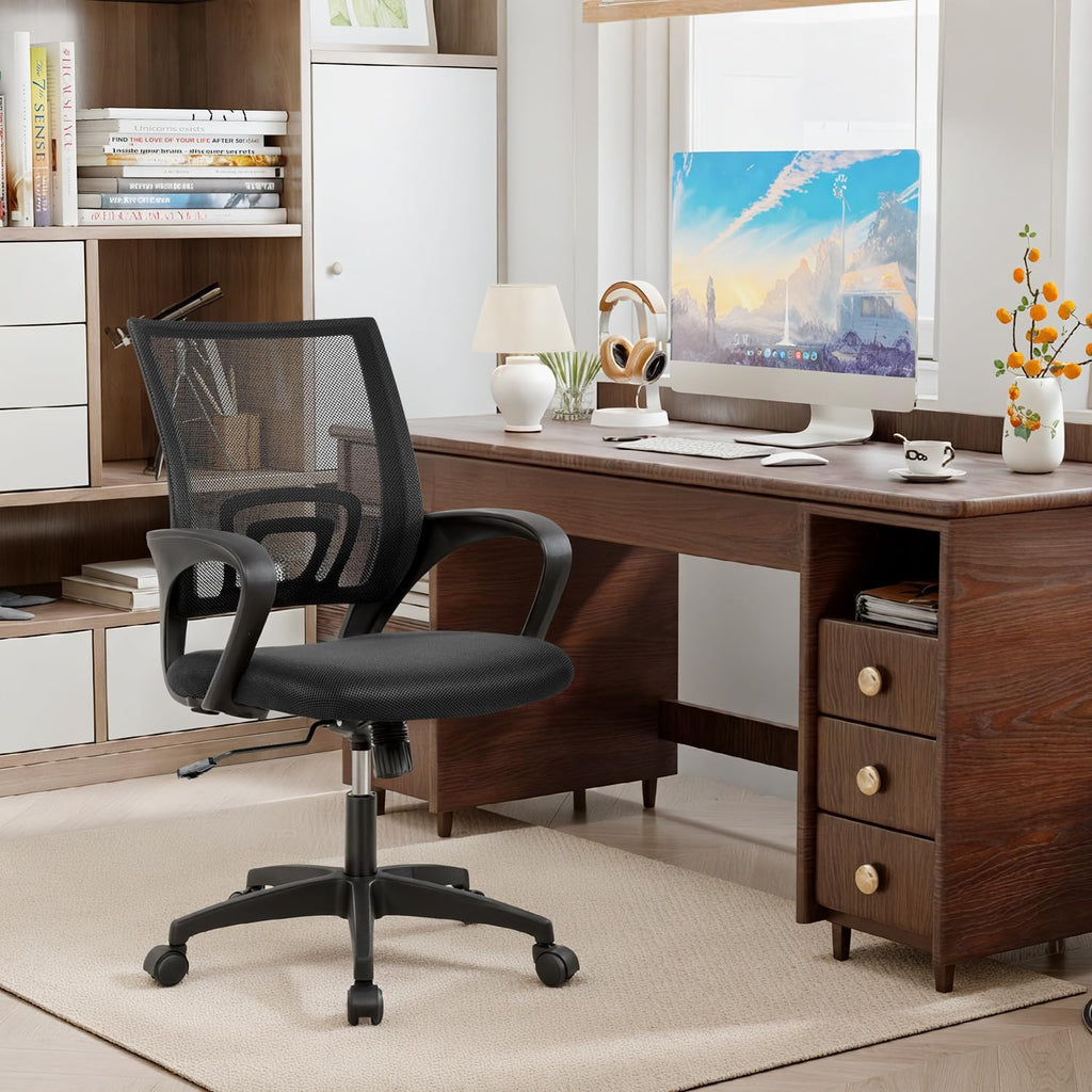| Ergonomic Office Chair | Mid-Back Swivel Desk Chair | Breathable Backrest & Lumbar Support | Adjustable Height | Sponge Seat | Rolling Wheels | Dark Black | for Adults & Women