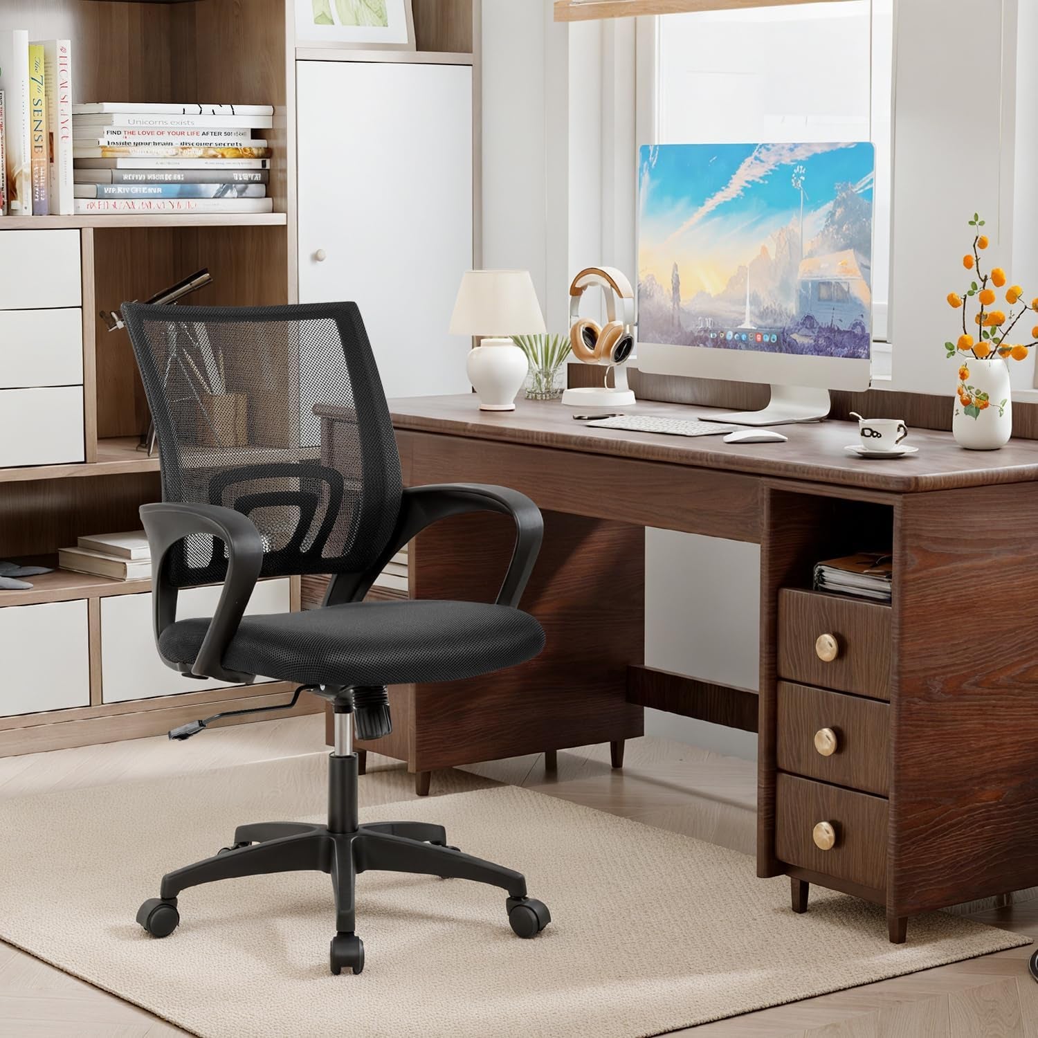 | Ergonomic Office Chair | Mid-Back Swivel Desk Chair | Breathable Backrest & Lumbar Support | Adjustable Height | Sponge Seat | Rolling Wheels | Dark Black | for Adults & Women