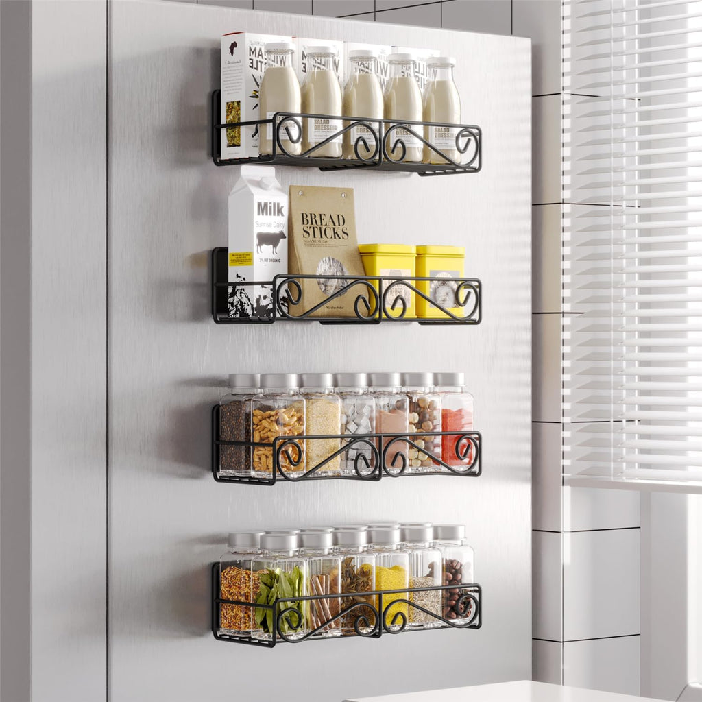 Magnetic Spice Rack, Strong Magnetic Shelf with 2 Removable Hooks, Perfect Space Saver for Small Kitchen/Apartment, Awesome Metal Cabinet for Holding Spices, Jars, Bottle, Beve(Black, 2Pack)