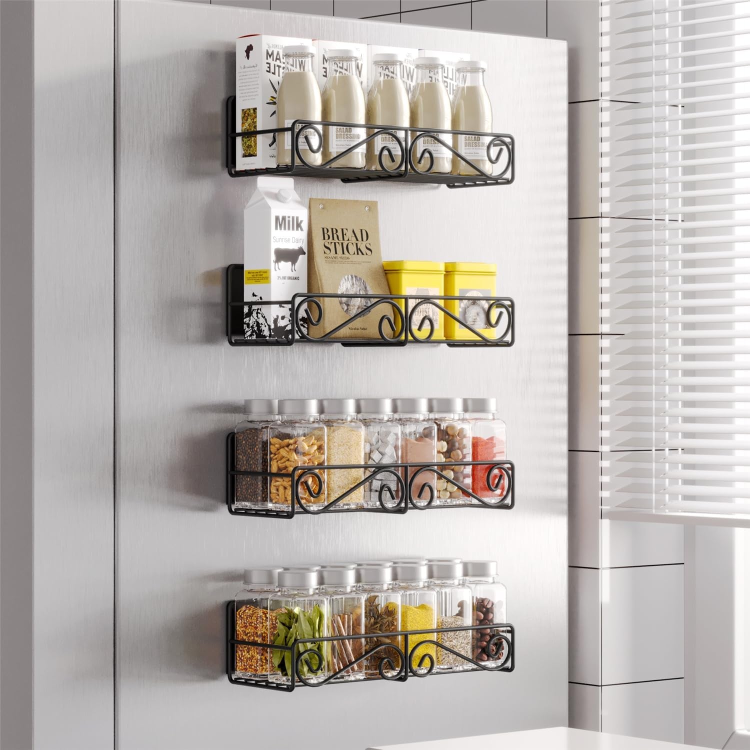 Magnetic Spice Rack, Strong Magnetic Shelf with 2 Removable Hooks, Perfect Space Saver for Small Kitchen/Apartment, Awesome Metal Cabinet for Holding Spices, Jars, Bottle, Beve(Black, 2Pack)