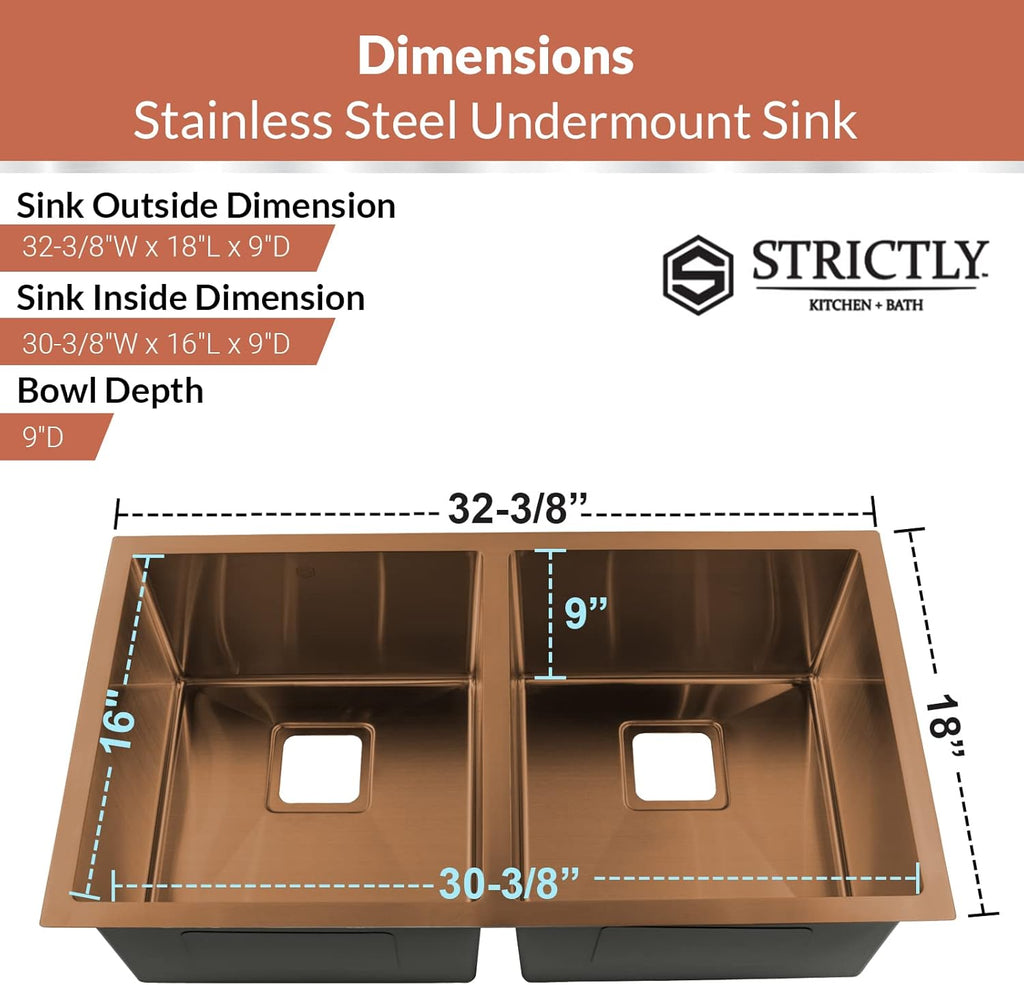 32 Inch Undermount Kitchen Sink - 16 Guage 50/50 Double Bowl Kitchen Sink - Stain & Rust Resistant Copper Kitchen Sink with Bottom Grid, 1 Disposal Adapter & 2 Strainer Drains
