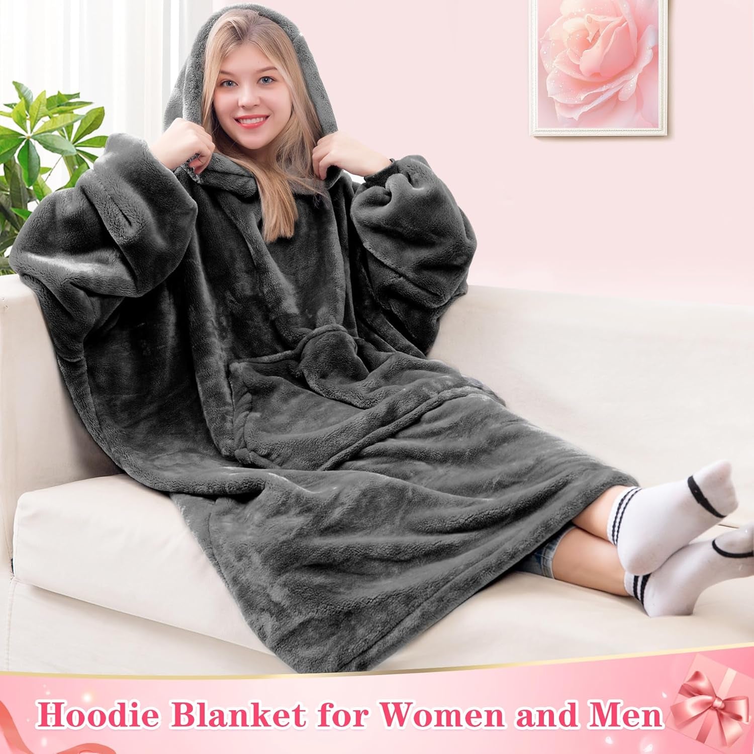Wearable Blanket Sweatshirt Gifts for Women and Men, Warm and Cozy Giant Blanket Hoodie, Thick Flannel Blanket with Sleeves and Giant Pocket - Dark Gray