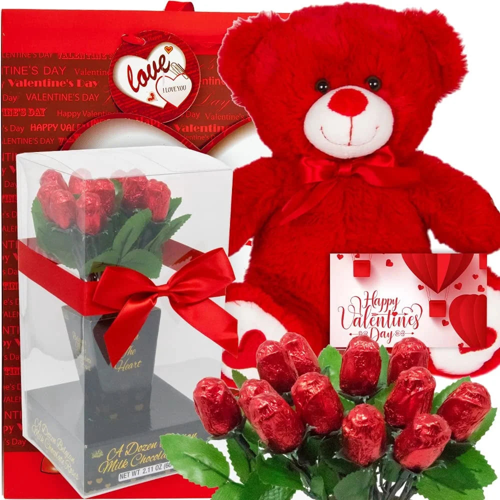 Valentine Gift Basket with Teddy Bear, Chocolate Rose Bouquet, Gift Bag & Card – Christmas or Valentine’S Day Gift for Her, Wife, Girlfriend, Mom, Daughter