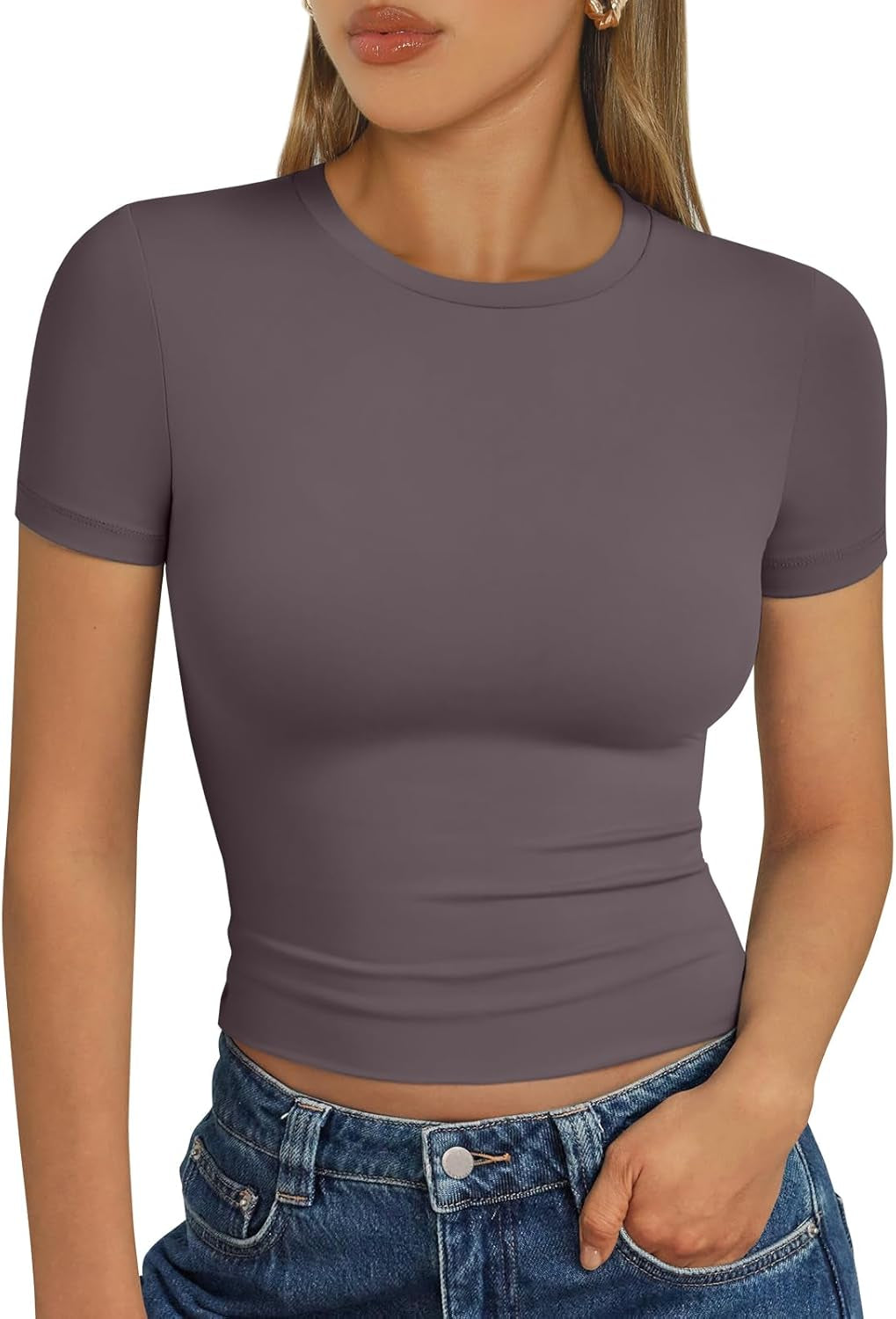 Womens Short Sleeve T Shirts - Buttery Soft Summer Crop Tops Slim Fit Y2K Basic Tees for Workout