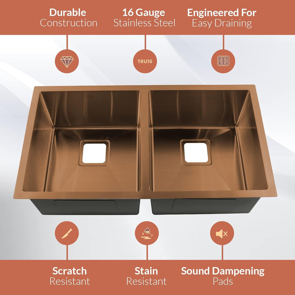 32 Inch Undermount Kitchen Sink - 16 Guage 50/50 Double Bowl Kitchen Sink - Stain & Rust Resistant Copper Kitchen Sink with Bottom Grid, 1 Disposal Adapter & 2 Strainer Drains
