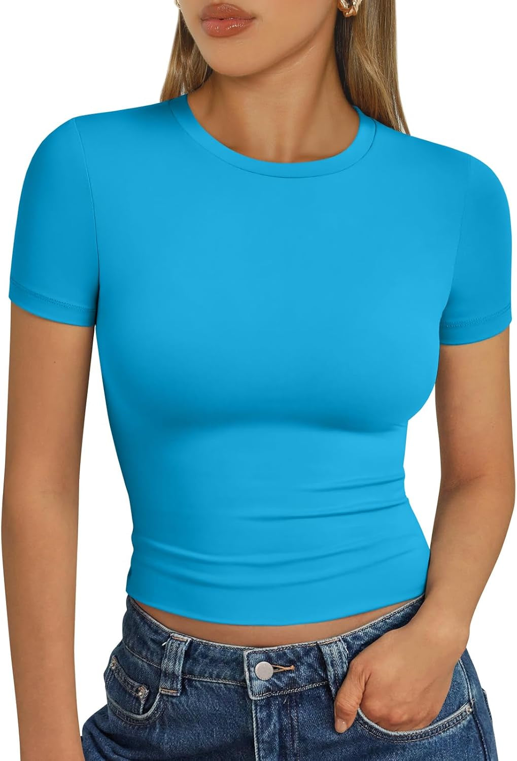 Womens Short Sleeve T Shirts - Buttery Soft Summer Crop Tops Slim Fit Y2K Basic Tees for Workout