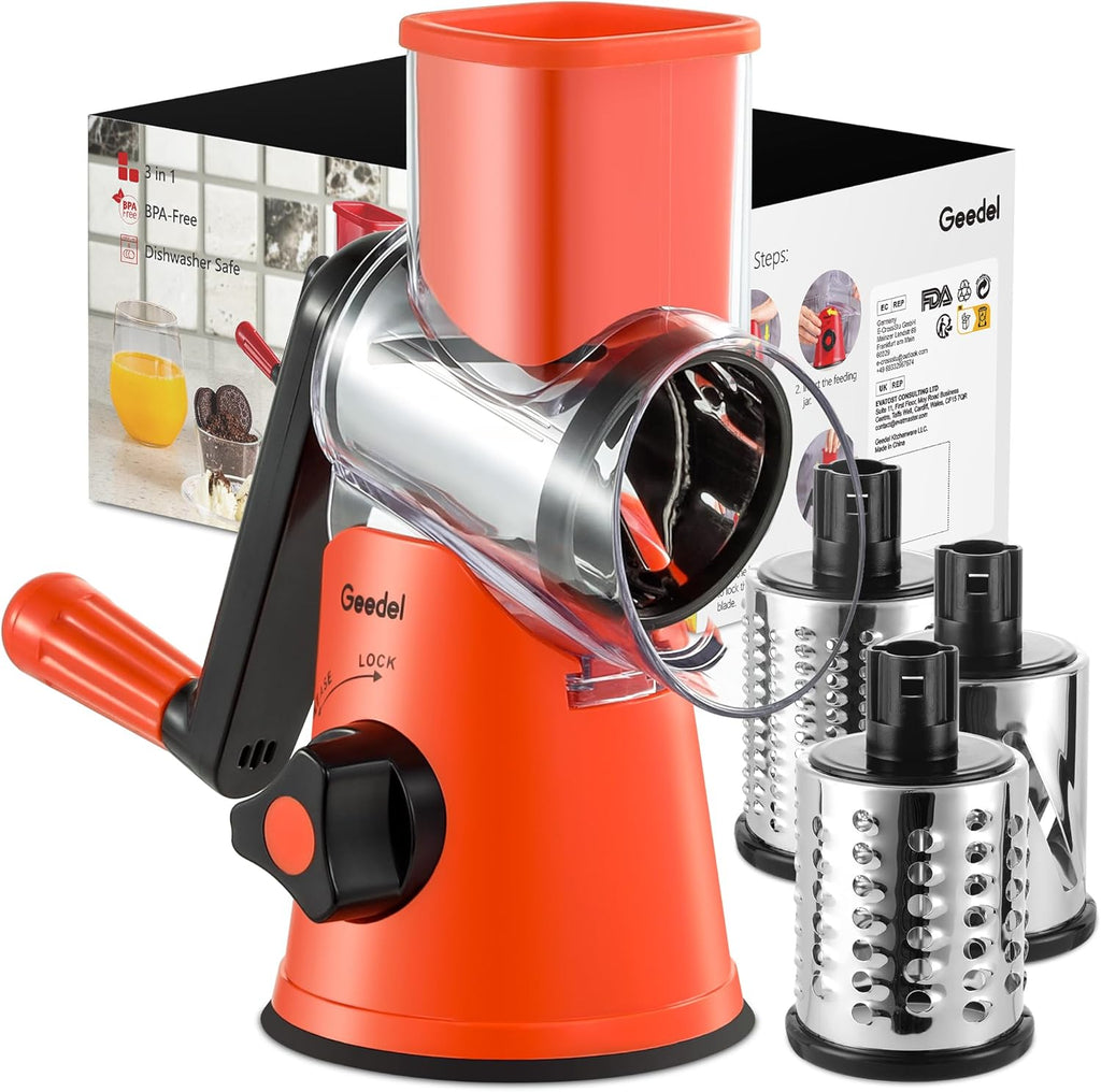 Rotary Cheese Grater, Kitchen Mandoline Vegetable Slicer with 3 Interchangeable Blades, Easy to Clean Rotary Grater Slicer for Fruit, Vegetables, Nuts