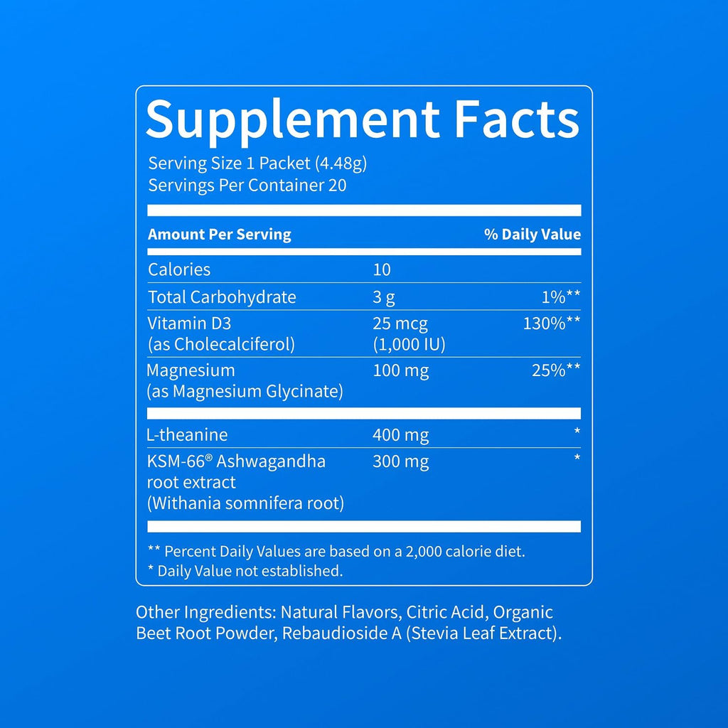 Supercalm Powdered Drink Mix, Cortisol Reducer and Sleep Aid Supplement, L Theanine, Ksm-66 Ashwagandha, Magnesium Glycinate, Vitamin D 3, No Sugar, Non GMO, on the Go, 20 Ct, Raspberry Lemonade