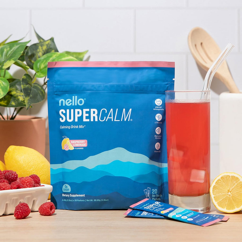 Supercalm Powdered Drink Mix, Cortisol Reducer and Sleep Aid Supplement, L Theanine, Ksm-66 Ashwagandha, Magnesium Glycinate, Vitamin D 3, No Sugar, Non GMO, on the Go, 20 Ct, Raspberry Lemonade