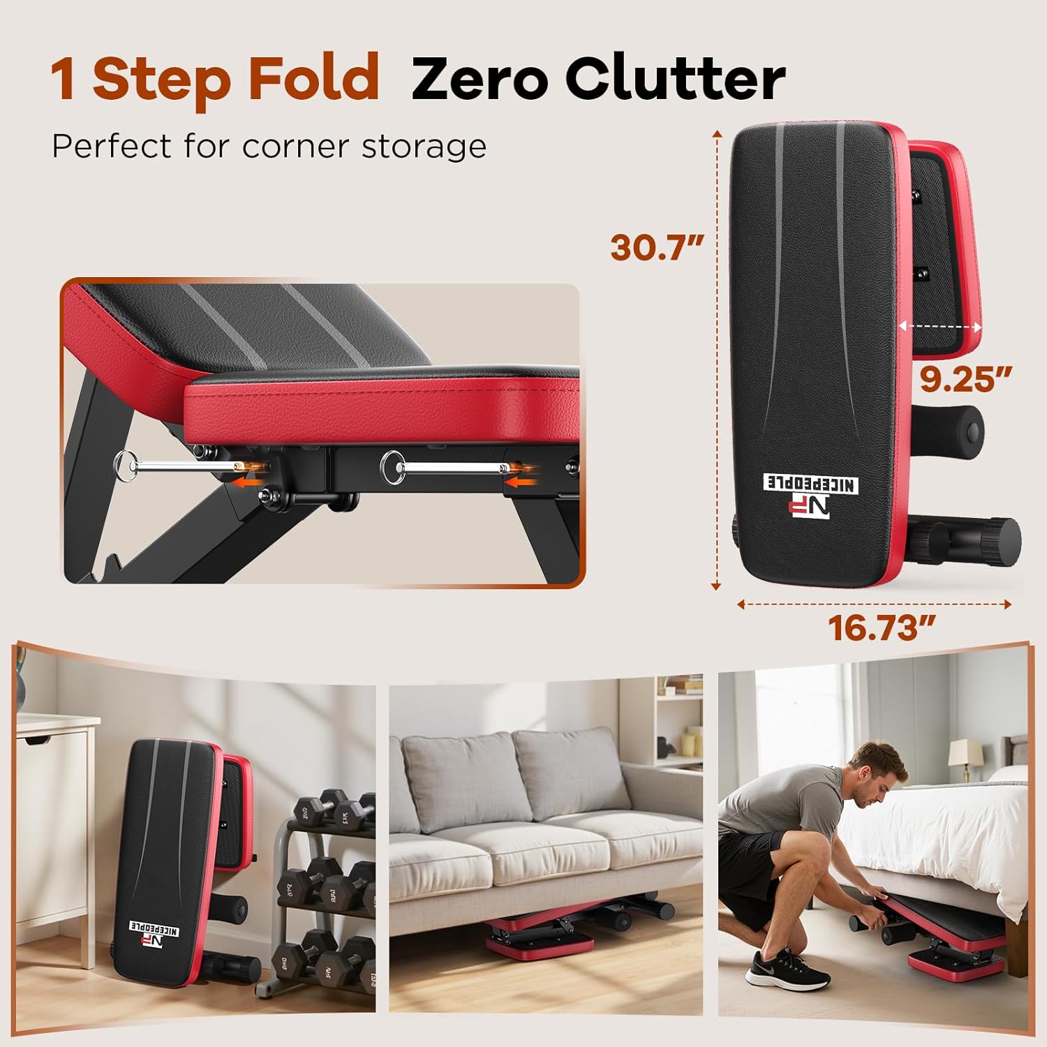 Adjustable Weight Bench for Home Gym, 660LBS Capacity Workout Bench with 8 Backrests for Chest Shoulders Arms, Compact and Foldable Strength Bench for Small Space Apartment Room