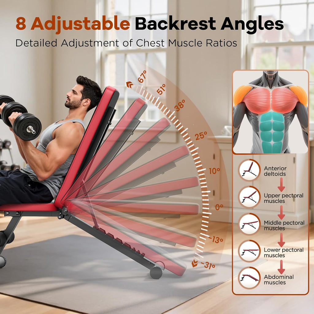 Adjustable Weight Bench for Home Gym, 660LBS Capacity Workout Bench with 8 Backrests for Chest Shoulders Arms, Compact and Foldable Strength Bench for Small Space Apartment Room