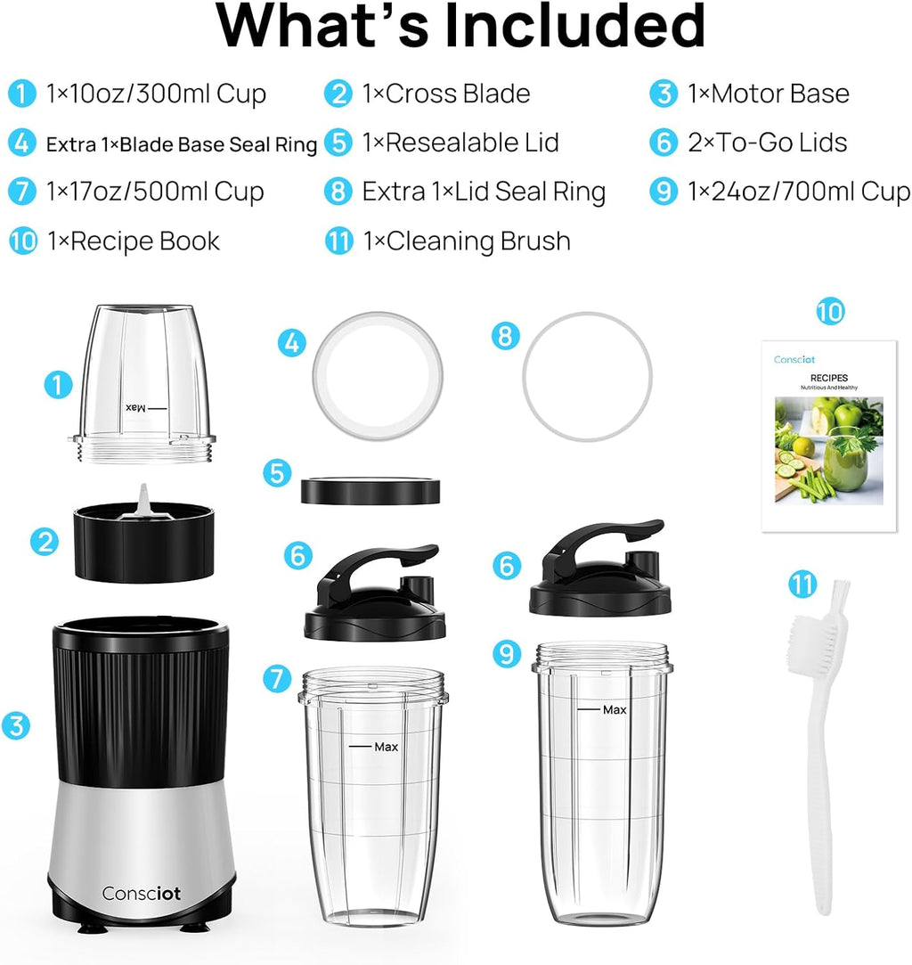 CB08 11-Piece Blender for Kitchen and Personal Size, Blend Shakes and Smoothies, Frozen Drinks, Baby Food, Spreads & More, 3 Portable To-Go Cups & 2 Spout Lids & 1 Solid Lid, 900 Peak Watts