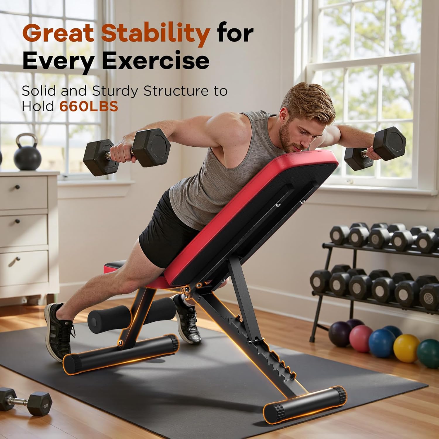 Adjustable Weight Bench for Home Gym, 660LBS Capacity Workout Bench with 8 Backrests for Chest Shoulders Arms, Compact and Foldable Strength Bench for Small Space Apartment Room