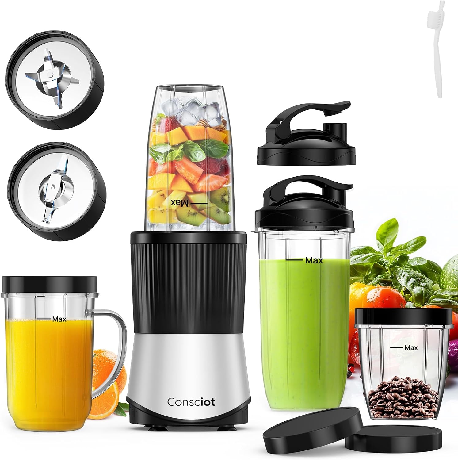 CB08 11-Piece Blender for Kitchen and Personal Size, Blend Shakes and Smoothies, Frozen Drinks, Baby Food, Spreads & More, 3 Portable To-Go Cups & 2 Spout Lids & 1 Solid Lid, 900 Peak Watts