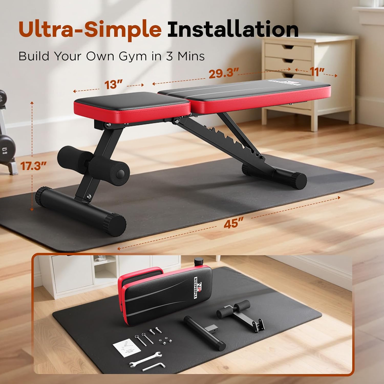 Adjustable Weight Bench for Home Gym, 660LBS Capacity Workout Bench with 8 Backrests for Chest Shoulders Arms, Compact and Foldable Strength Bench for Small Space Apartment Room