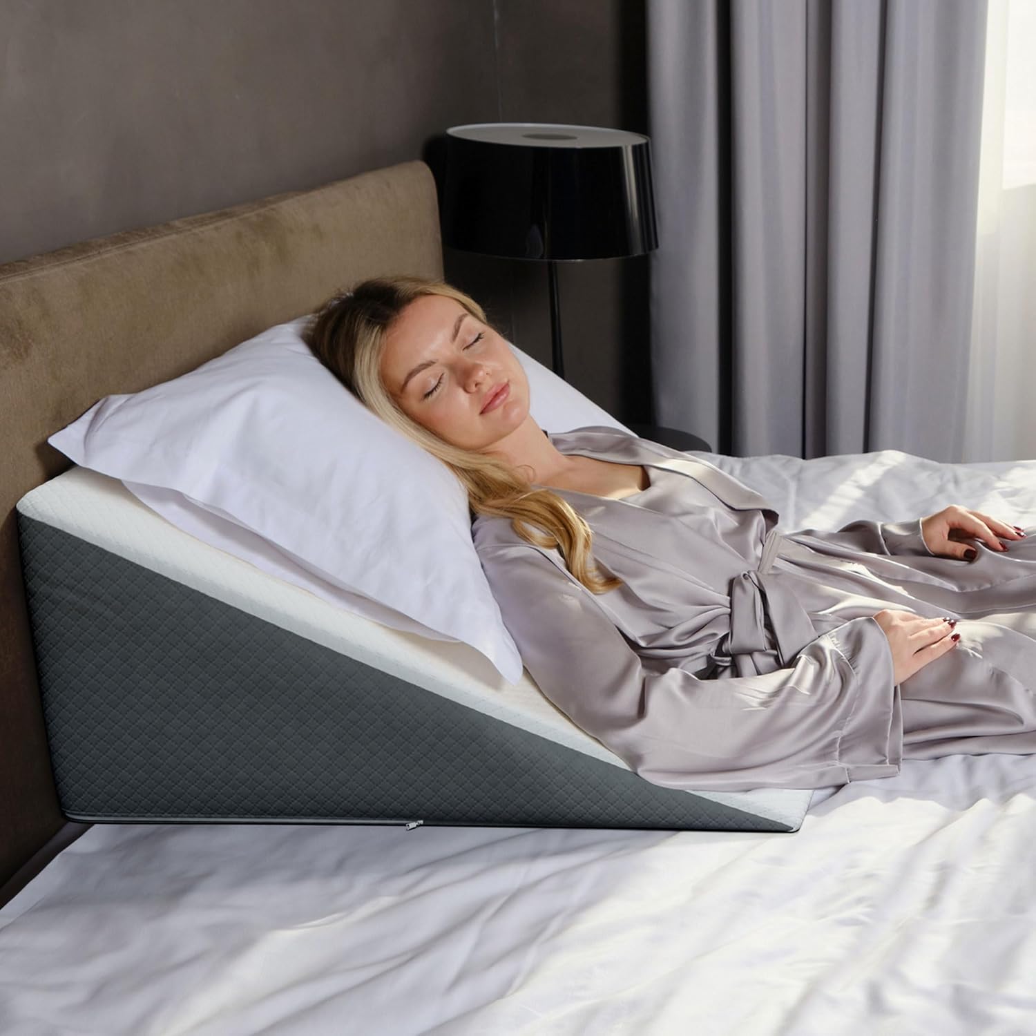Bed Wedge Pillow for Sleep Apnea, FSA Eligible Acid Reflux, and Back Pain Relief, with Chic Jacquard Cover - Headboard Wedges for Sleeping (Standard Width 7.5" Height)