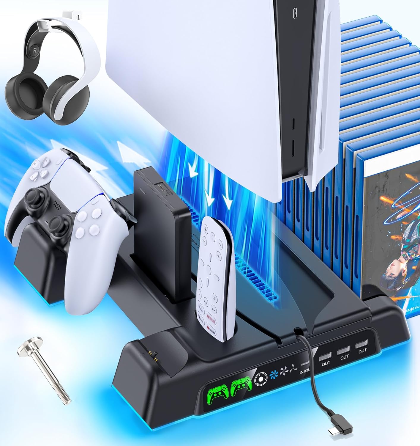 Ps5/Slim/Pro Stand and Cooling Station with LED Controller Charging Station for Playstation 5 Console, Controller Charger, Cooling Stand, Ps5/Slim/Pro Skin Accessories Kit with 3 Level Cooler Fan