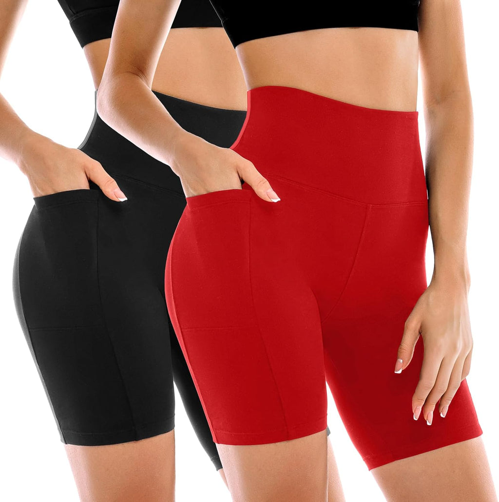 2 Pack Womens Biker Shorts with Pockets, High Waisted Yoga Shorts for Women Running Gym and Workout