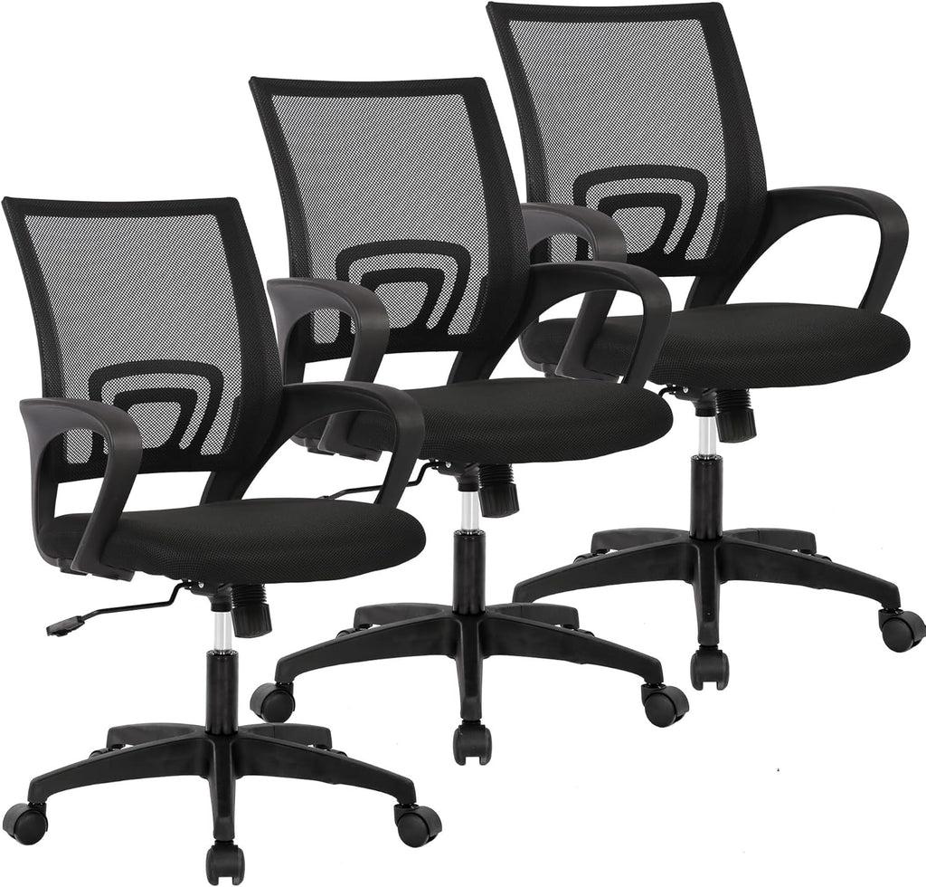 | Ergonomic Office Chair | Mid-Back Swivel Desk Chair | Breathable Backrest & Lumbar Support | Adjustable Height | Sponge Seat | Rolling Wheels | Dark Black | for Adults & Women