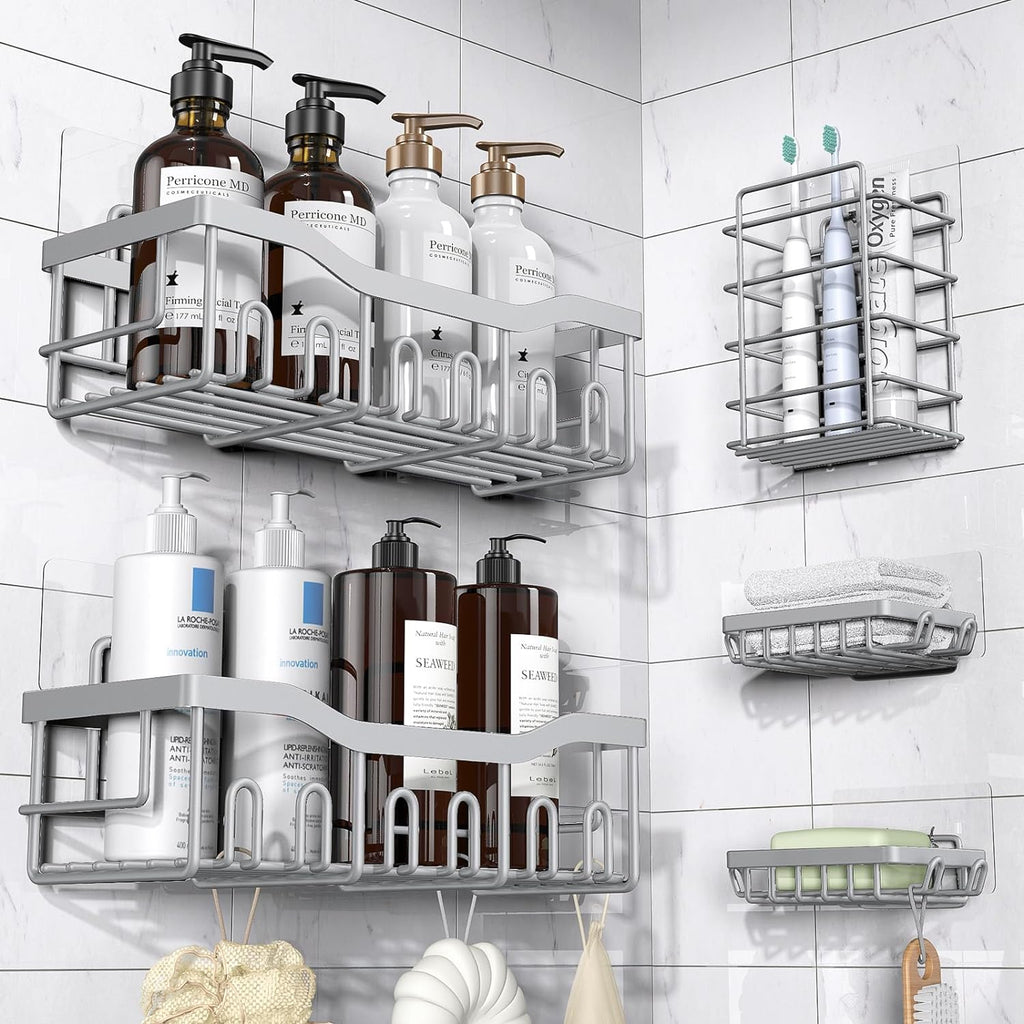 Adhesive Shower Caddy, 5 Pack Rustproof Stainless Steel Bath Organizers with Large Capacity, No Drilling Shelves for Bathroom Storage & Home Decor