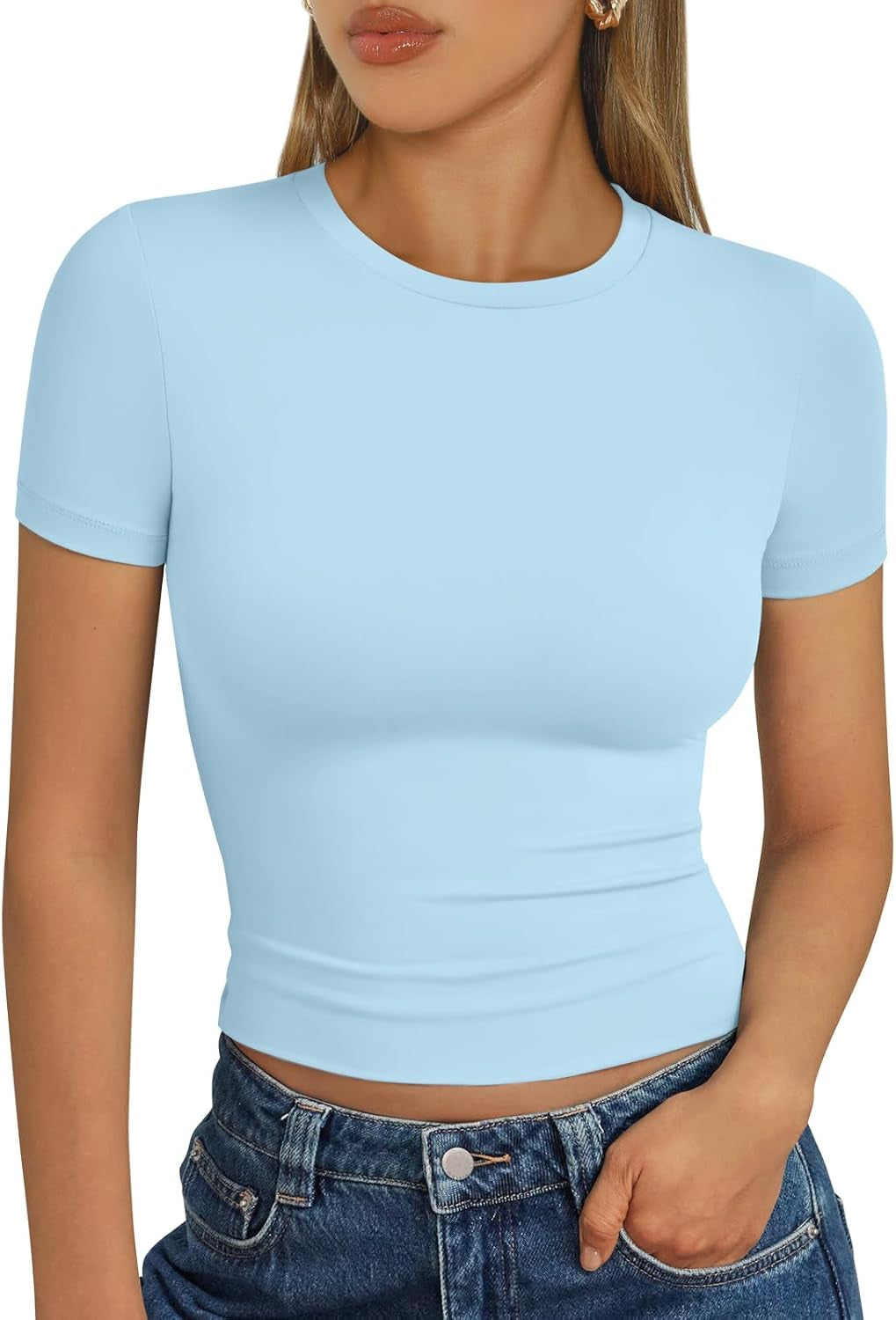 Womens Short Sleeve T Shirts - Buttery Soft Summer Crop Tops Slim Fit Y2K Basic Tees for Workout