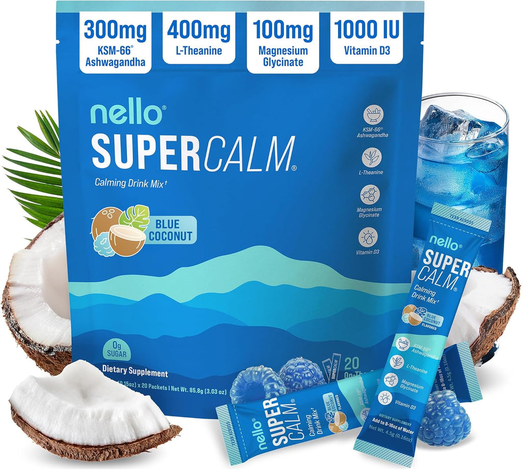 Supercalm Powdered Drink Mix, Cortisol Reducer and Sleep Aid Supplement, L Theanine, Ksm-66 Ashwagandha, Magnesium Glycinate, Vitamin D 3, No Sugar, Non GMO, on the Go, 20 Ct, Raspberry Lemonade