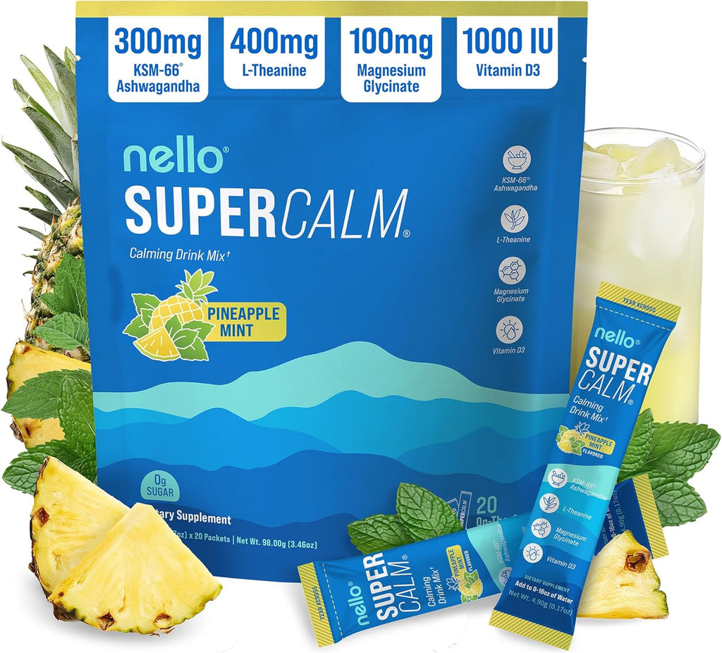 Supercalm Powdered Drink Mix, Cortisol Reducer and Sleep Aid Supplement, L Theanine, Ksm-66 Ashwagandha, Magnesium Glycinate, Vitamin D 3, No Sugar, Non GMO, on the Go, 20 Ct, Raspberry Lemonade