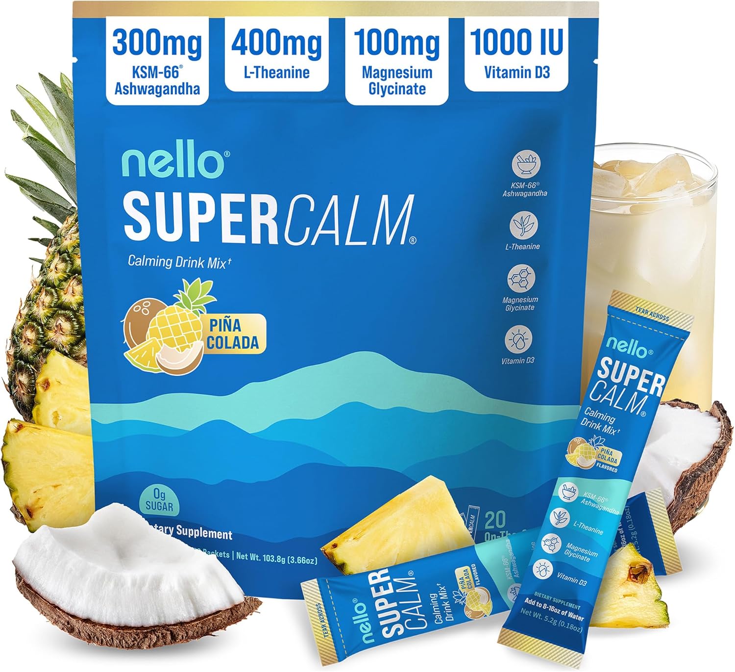 Supercalm Powdered Drink Mix, Cortisol Reducer and Sleep Aid Supplement, L Theanine, Ksm-66 Ashwagandha, Magnesium Glycinate, Vitamin D 3, No Sugar, Non GMO, on the Go, 20 Ct, Raspberry Lemonade