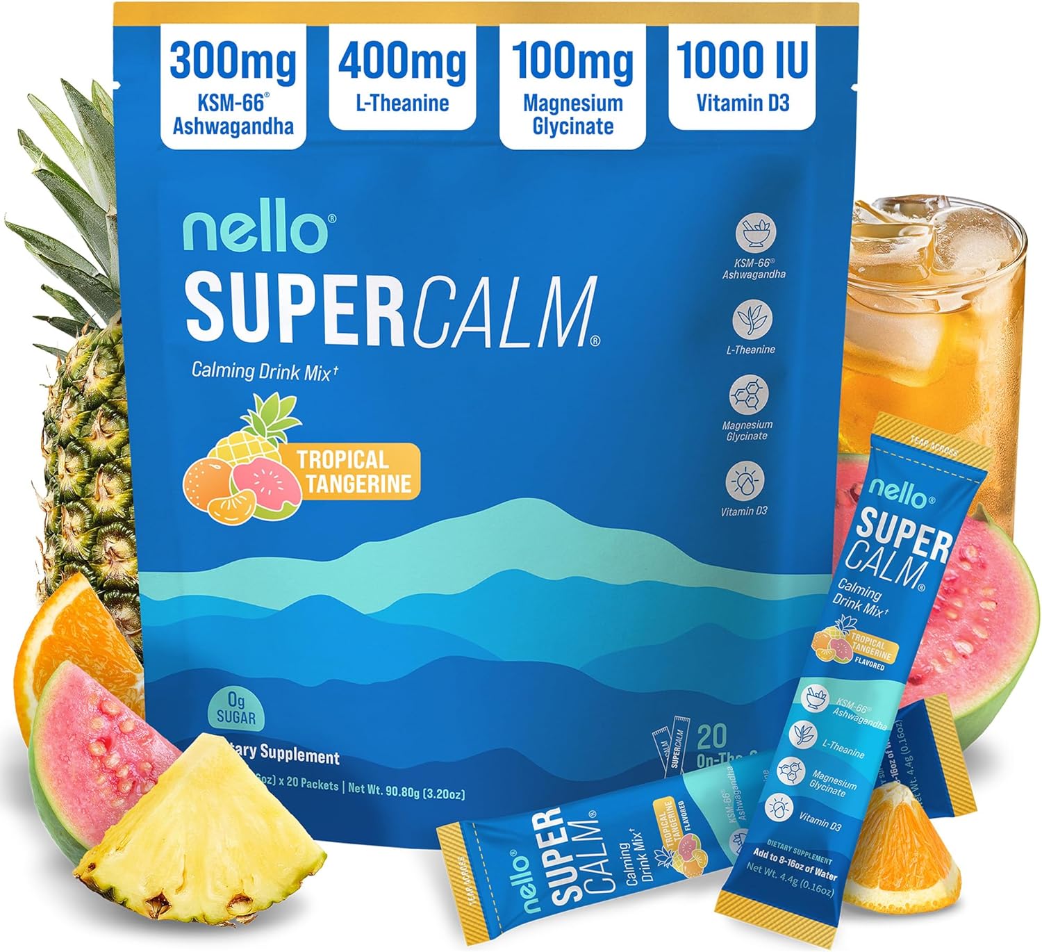 Supercalm Powdered Drink Mix, Cortisol Reducer and Sleep Aid Supplement, L Theanine, Ksm-66 Ashwagandha, Magnesium Glycinate, Vitamin D 3, No Sugar, Non GMO, on the Go, 20 Ct, Raspberry Lemonade