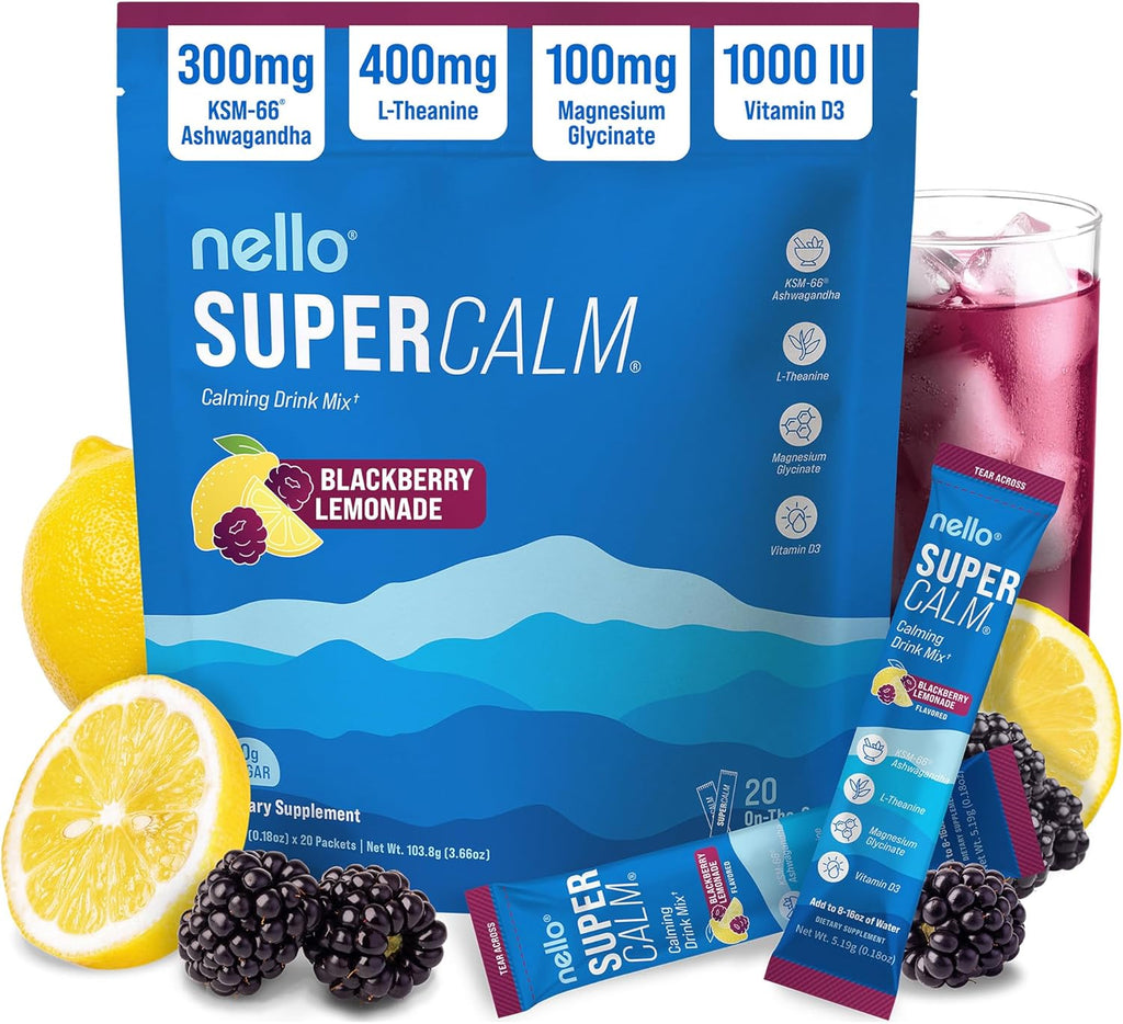 Supercalm Powdered Drink Mix, Cortisol Reducer and Sleep Aid Supplement, L Theanine, Ksm-66 Ashwagandha, Magnesium Glycinate, Vitamin D 3, No Sugar, Non GMO, on the Go, 20 Ct, Raspberry Lemonade