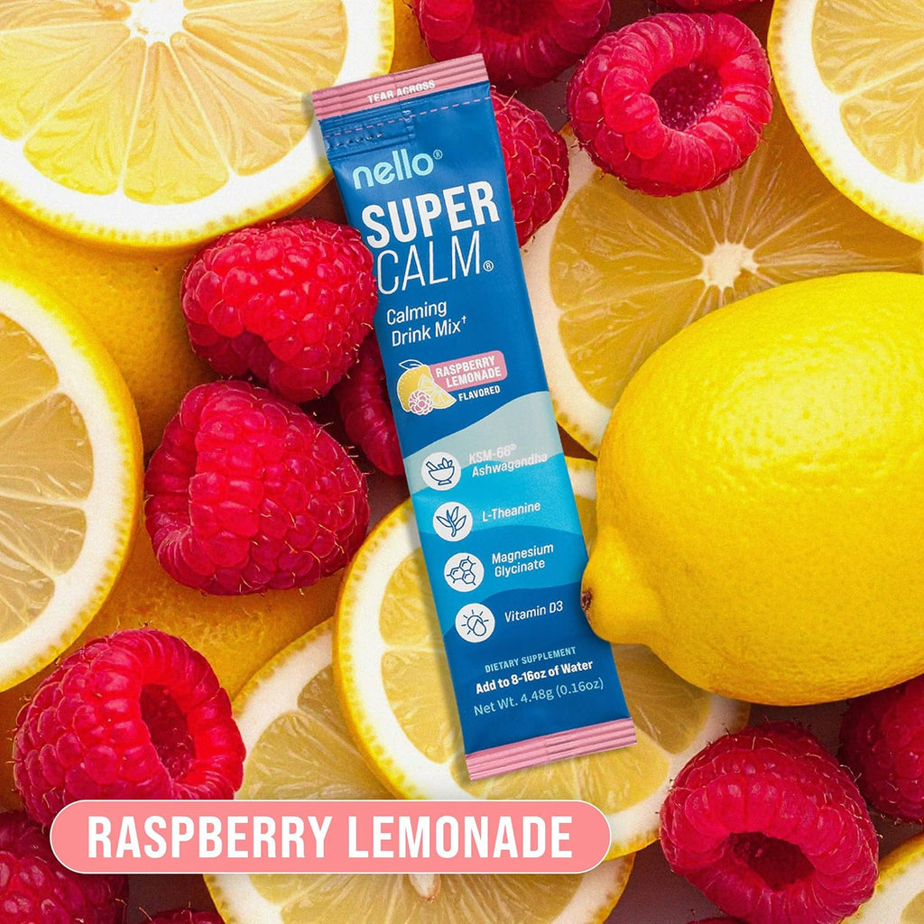 Supercalm Powdered Drink Mix, Cortisol Reducer and Sleep Aid Supplement, L Theanine, Ksm-66 Ashwagandha, Magnesium Glycinate, Vitamin D 3, No Sugar, Non GMO, on the Go, 20 Ct, Raspberry Lemonade