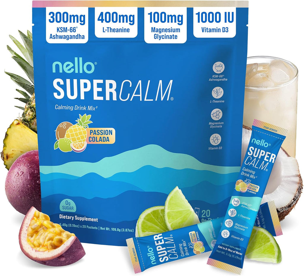 Supercalm Powdered Drink Mix, Cortisol Reducer and Sleep Aid Supplement, L Theanine, Ksm-66 Ashwagandha, Magnesium Glycinate, Vitamin D 3, No Sugar, Non GMO, on the Go, 20 Ct, Raspberry Lemonade