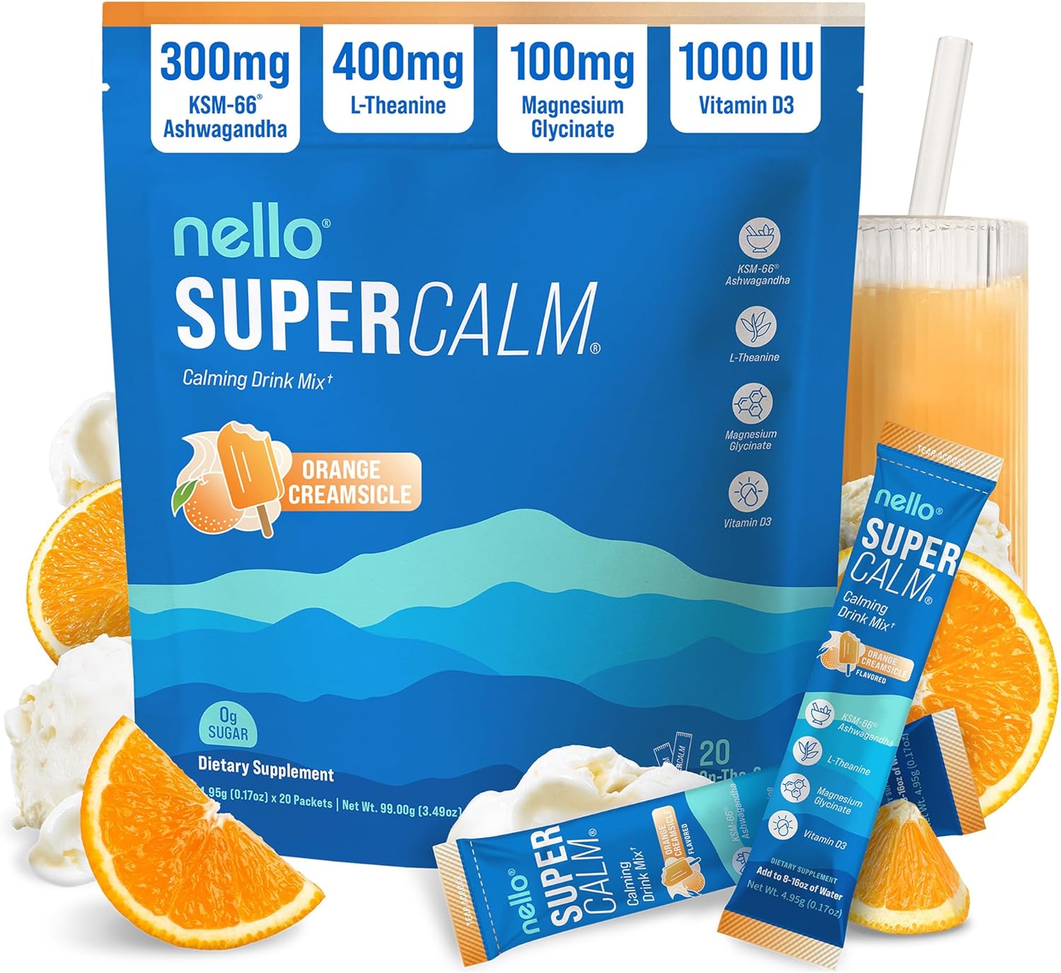Supercalm Powdered Drink Mix, Cortisol Reducer and Sleep Aid Supplement, L Theanine, Ksm-66 Ashwagandha, Magnesium Glycinate, Vitamin D 3, No Sugar, Non GMO, on the Go, 20 Ct, Raspberry Lemonade