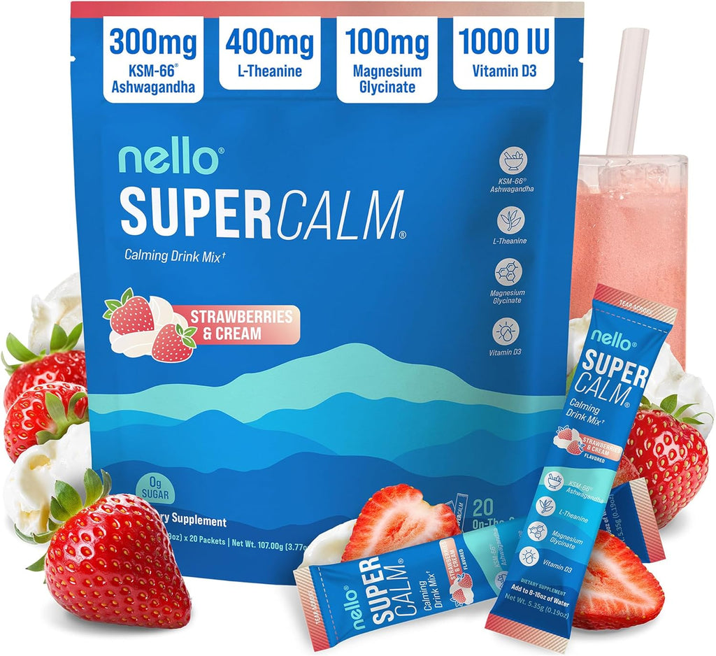 Supercalm Powdered Drink Mix, Cortisol Reducer and Sleep Aid Supplement, L Theanine, Ksm-66 Ashwagandha, Magnesium Glycinate, Vitamin D 3, No Sugar, Non GMO, on the Go, 20 Ct, Raspberry Lemonade