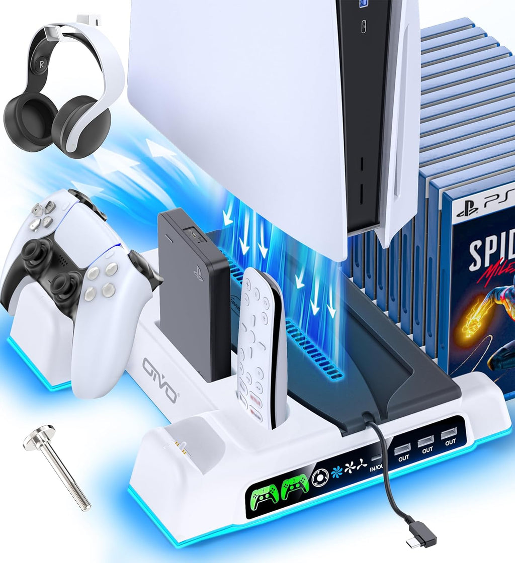 Ps5/Slim/Pro Stand and Cooling Station with LED Controller Charging Station for Playstation 5 Console, Controller Charger, Cooling Stand, Ps5/Slim/Pro Skin Accessories Kit with 3 Level Cooler Fan
