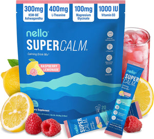 Supercalm Powdered Drink Mix, Cortisol Reducer and Sleep Aid Supplement, L Theanine, Ksm-66 Ashwagandha, Magnesium Glycinate, Vitamin D 3, No Sugar, Non GMO, on the Go, 20 Ct, Raspberry Lemonade