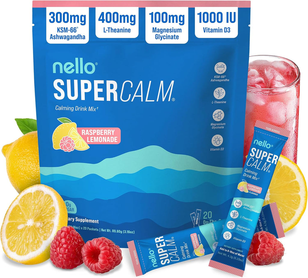 Supercalm Powdered Drink Mix, Cortisol Reducer and Sleep Aid Supplement, L Theanine, Ksm-66 Ashwagandha, Magnesium Glycinate, Vitamin D 3, No Sugar, Non GMO, on the Go, 20 Ct, Raspberry Lemonade