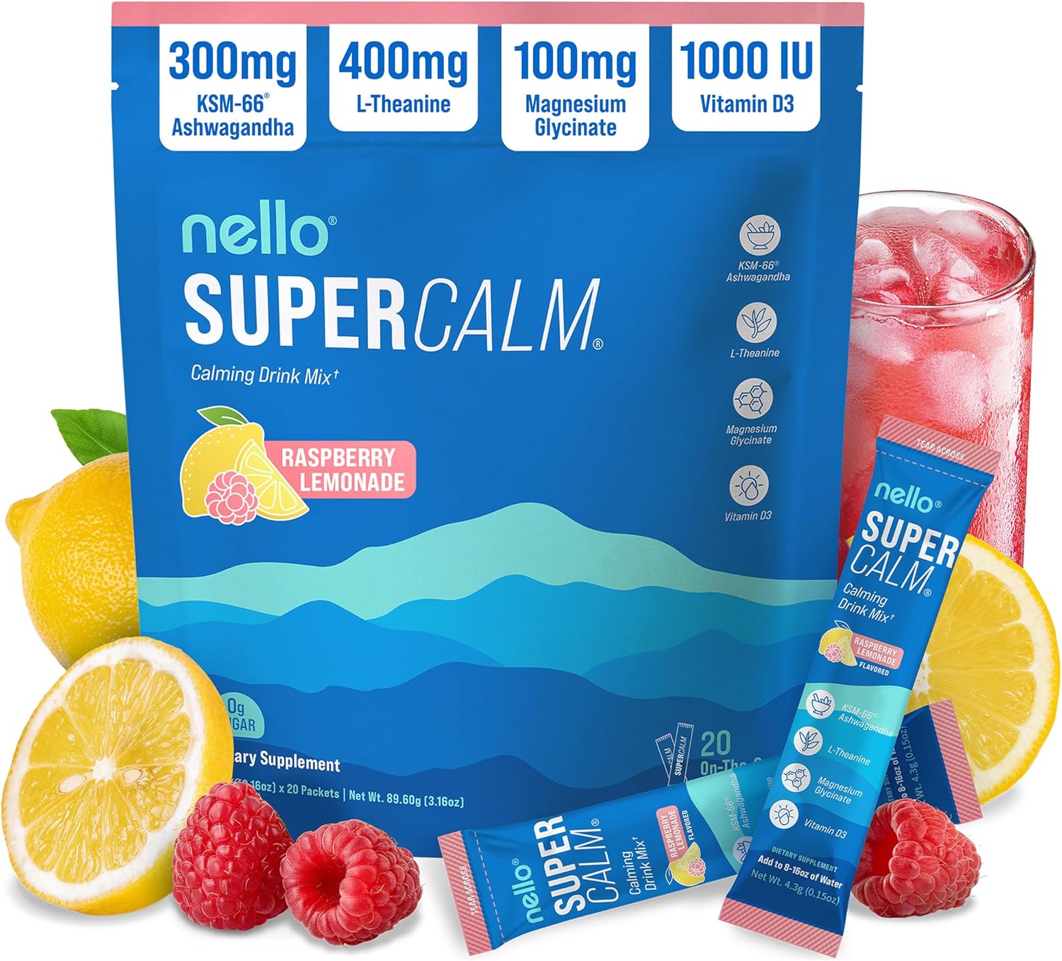 Supercalm Powdered Drink Mix, Cortisol Reducer and Sleep Aid Supplement, L Theanine, Ksm-66 Ashwagandha, Magnesium Glycinate, Vitamin D 3, No Sugar, Non GMO, on the Go, 20 Ct, Raspberry Lemonade