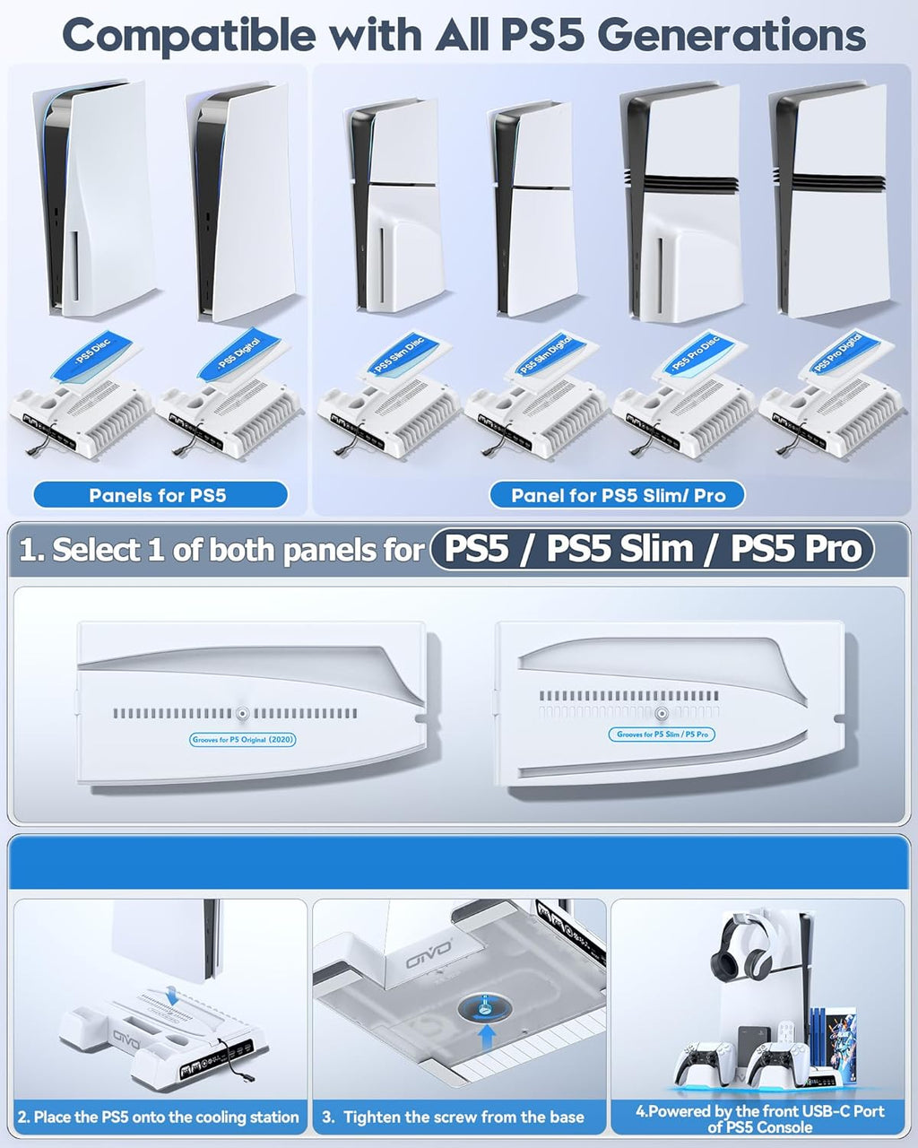 Ps5/Slim/Pro Stand and Cooling Station with LED Controller Charging Station for Playstation 5 Console, Controller Charger, Cooling Stand, Ps5/Slim/Pro Skin Accessories Kit with 3 Level Cooler Fan