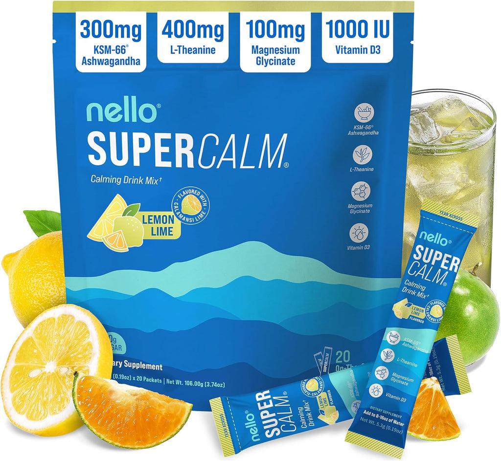 Supercalm Powdered Drink Mix, Cortisol Reducer and Sleep Aid Supplement, L Theanine, Ksm-66 Ashwagandha, Magnesium Glycinate, Vitamin D 3, No Sugar, Non GMO, on the Go, 20 Ct, Raspberry Lemonade