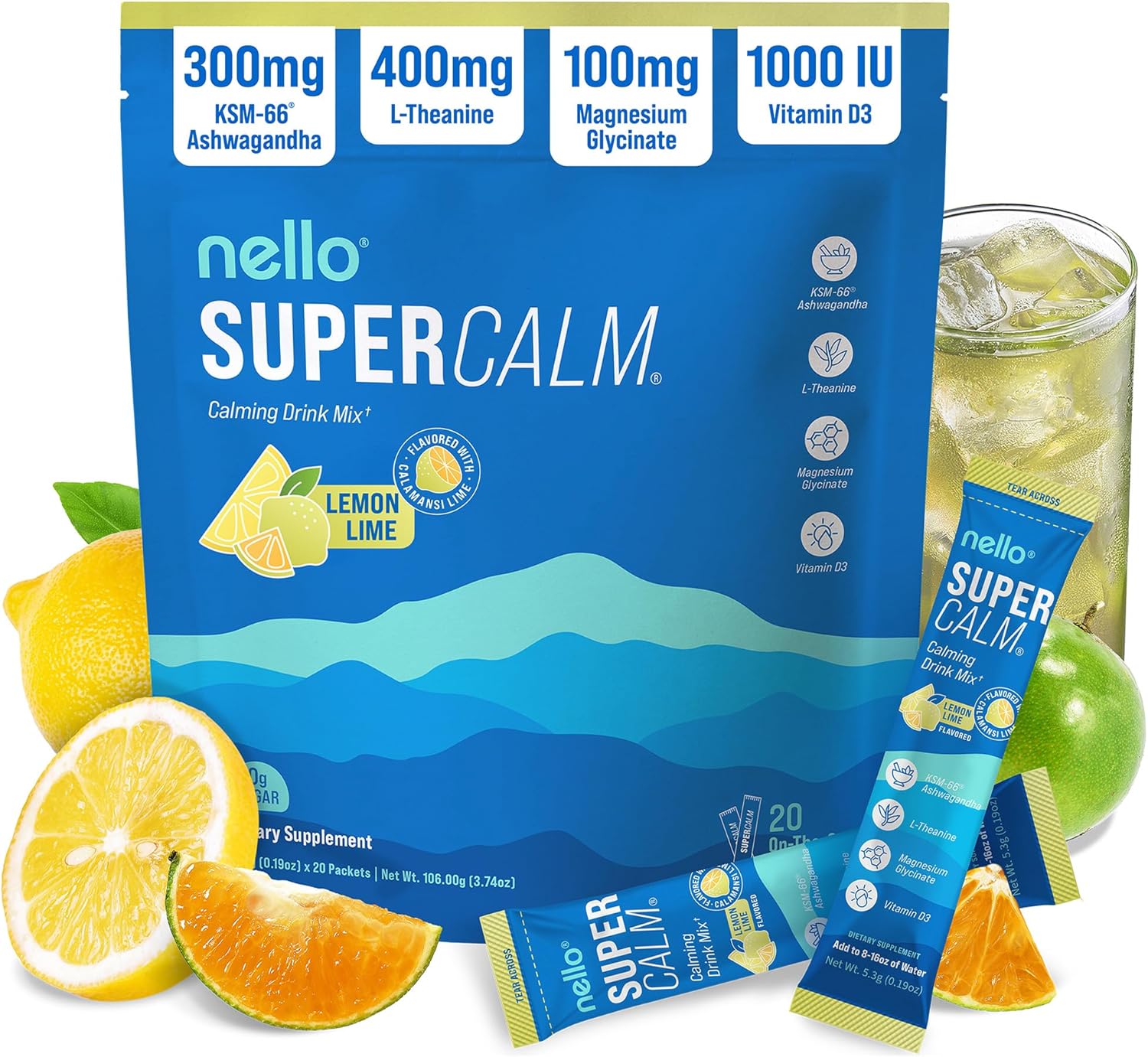 Supercalm Powdered Drink Mix, Cortisol Reducer and Sleep Aid Supplement, L Theanine, Ksm-66 Ashwagandha, Magnesium Glycinate, Vitamin D 3, No Sugar, Non GMO, on the Go, 20 Ct, Raspberry Lemonade