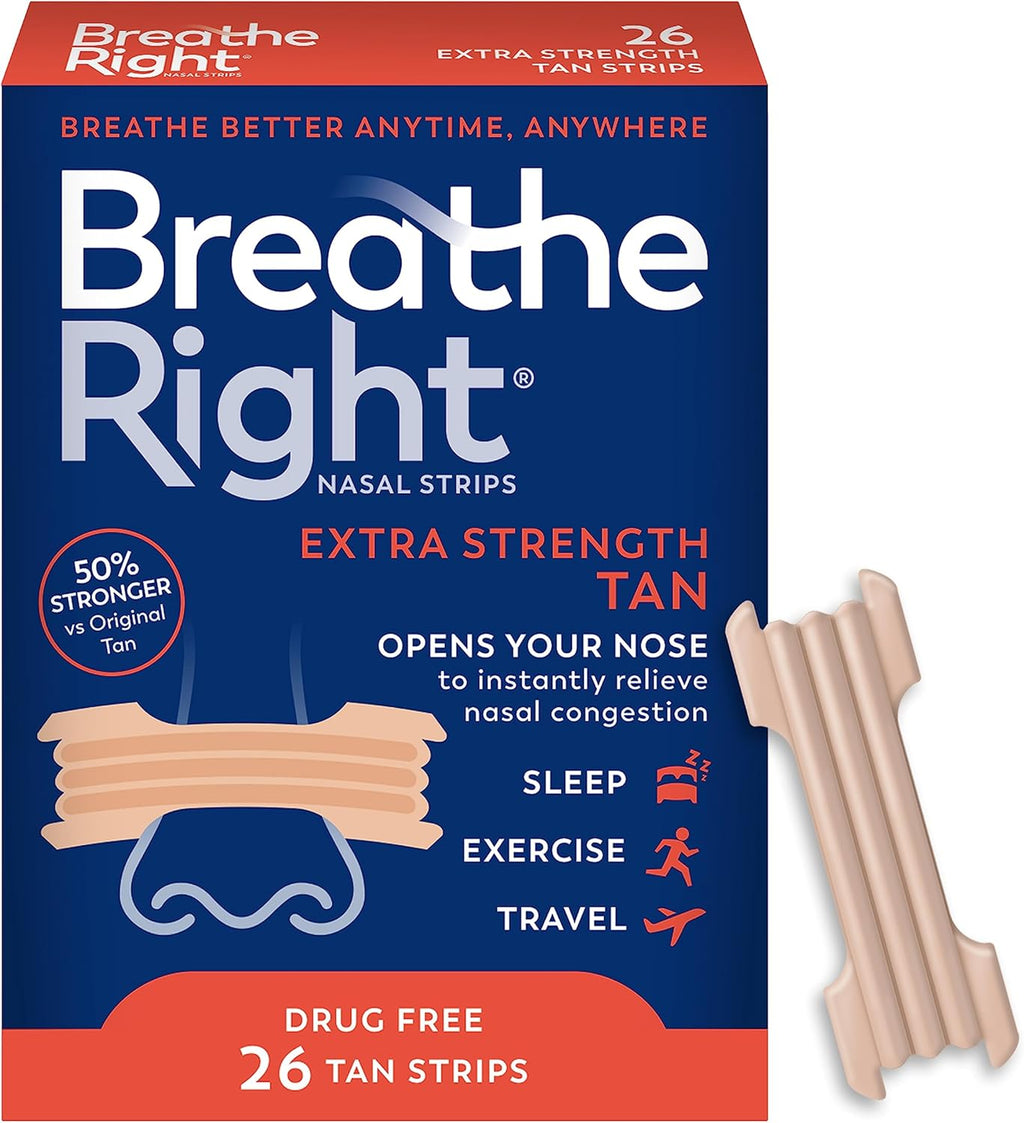 Nasal Strips, Extra Strength Tan Nose Strips, Drug-Free Nasal Congestion Relief for Better Breathing, Help Relieve Snoring, Caused by Colds & Allergies, Deviated Septum, 26Ct