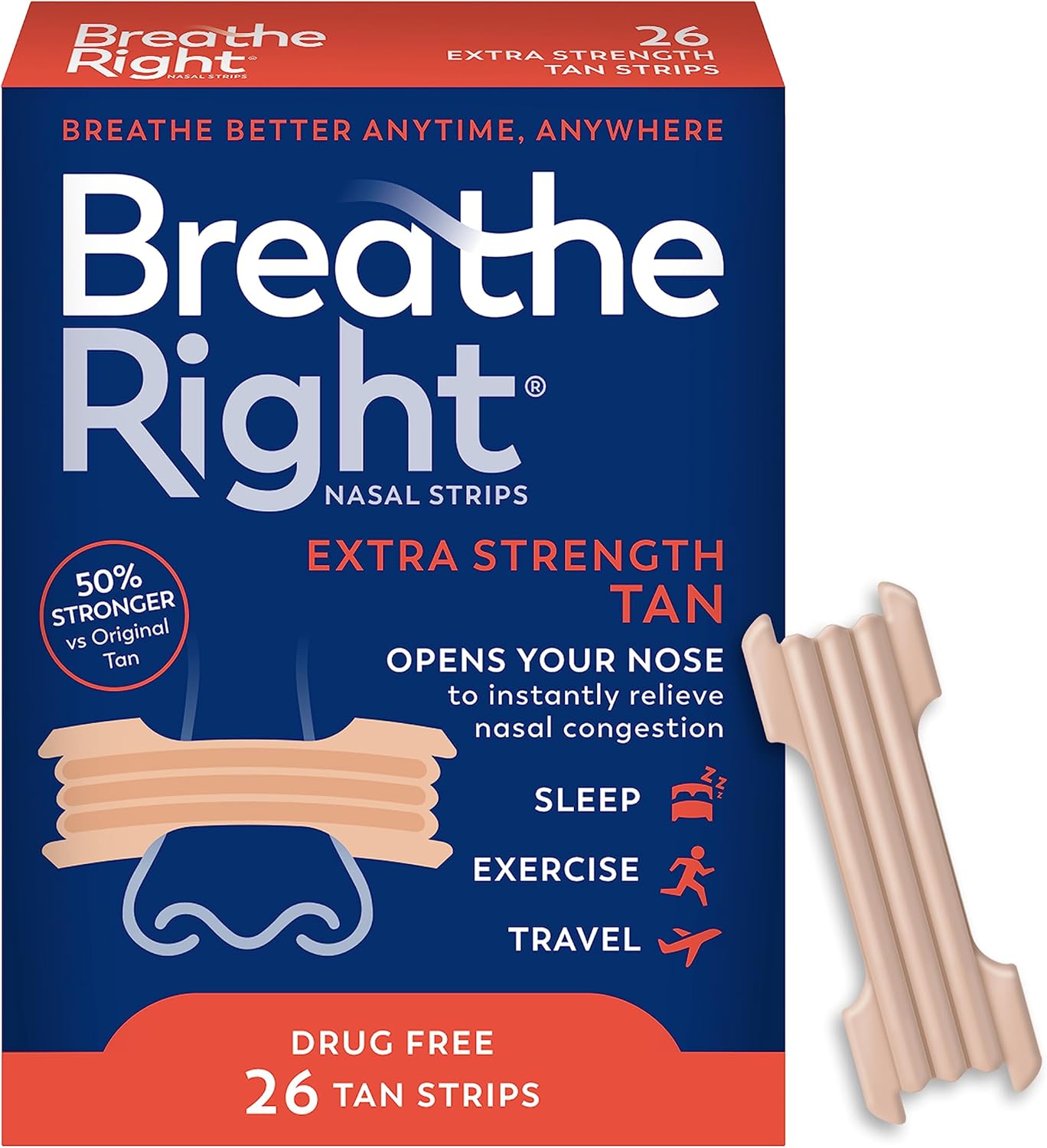 Nasal Strips, Extra Strength Tan Nose Strips, Drug-Free Nasal Congestion Relief for Better Breathing, Help Relieve Snoring, Caused by Colds & Allergies, Deviated Septum, 26Ct