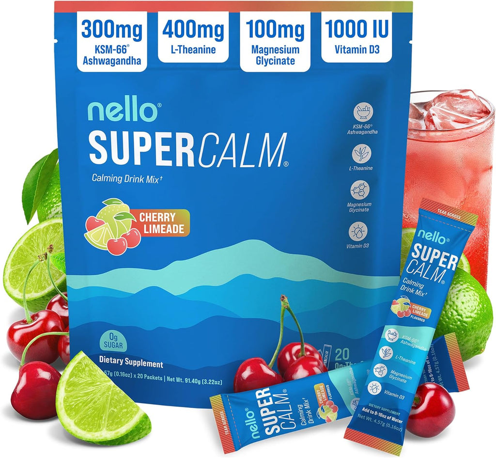 Supercalm Powdered Drink Mix, Cortisol Reducer and Sleep Aid Supplement, L Theanine, Ksm-66 Ashwagandha, Magnesium Glycinate, Vitamin D 3, No Sugar, Non GMO, on the Go, 20 Ct, Raspberry Lemonade