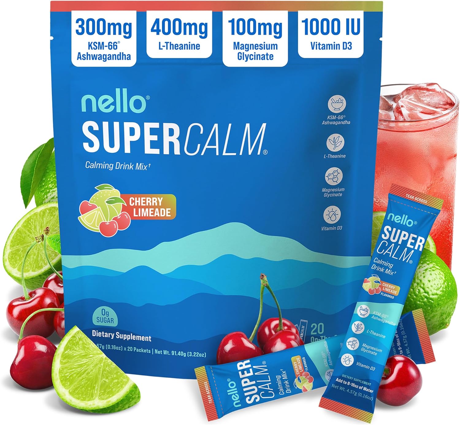 Supercalm Powdered Drink Mix, Cortisol Reducer and Sleep Aid Supplement, L Theanine, Ksm-66 Ashwagandha, Magnesium Glycinate, Vitamin D 3, No Sugar, Non GMO, on the Go, 20 Ct, Raspberry Lemonade