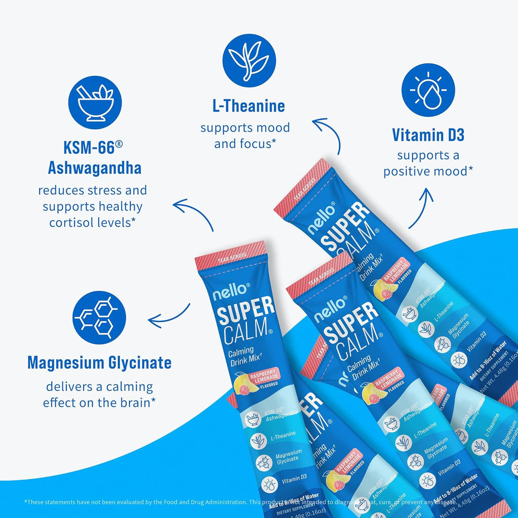 Supercalm Powdered Drink Mix, Cortisol Reducer and Sleep Aid Supplement, L Theanine, Ksm-66 Ashwagandha, Magnesium Glycinate, Vitamin D 3, No Sugar, Non GMO, on the Go, 20 Ct, Raspberry Lemonade