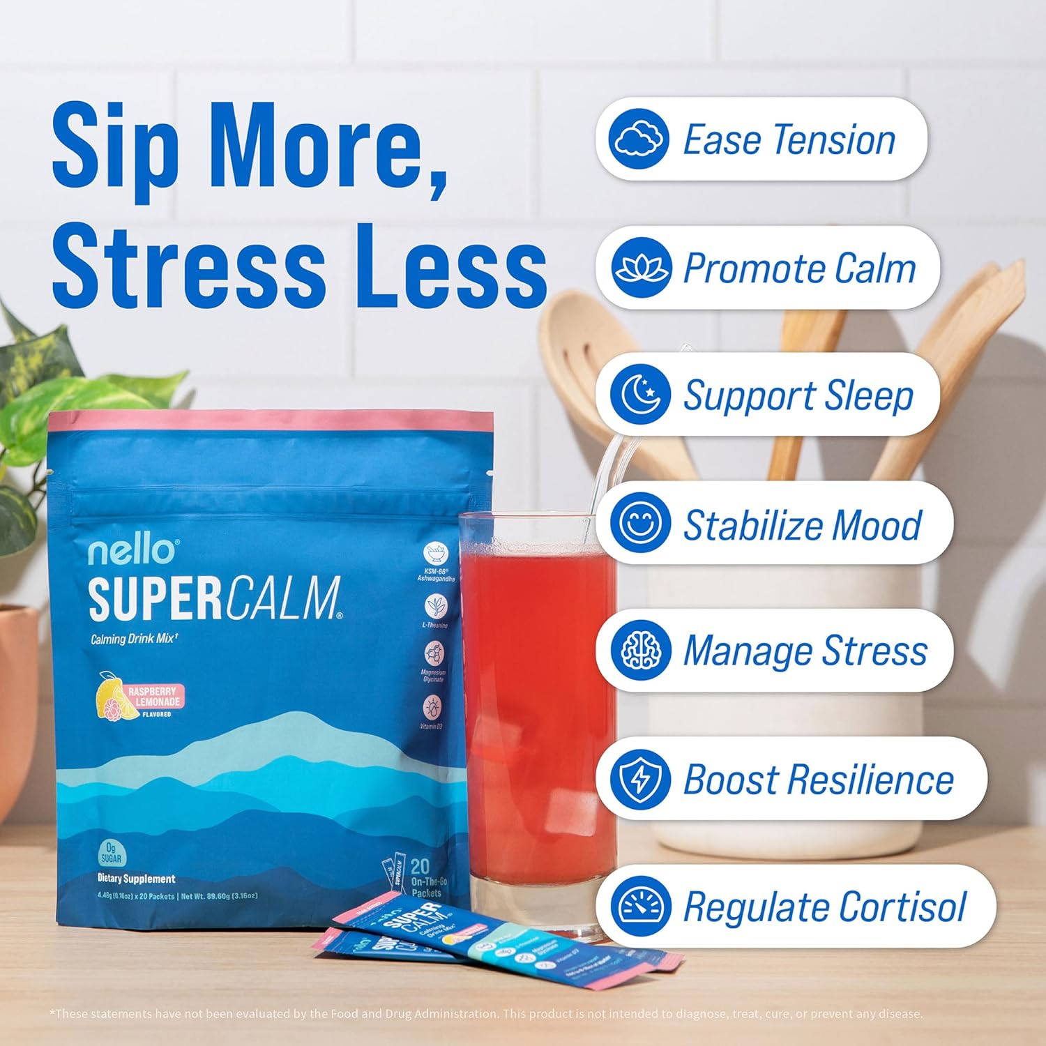 Supercalm Powdered Drink Mix, Cortisol Reducer and Sleep Aid Supplement, L Theanine, Ksm-66 Ashwagandha, Magnesium Glycinate, Vitamin D 3, No Sugar, Non GMO, on the Go, 20 Ct, Raspberry Lemonade